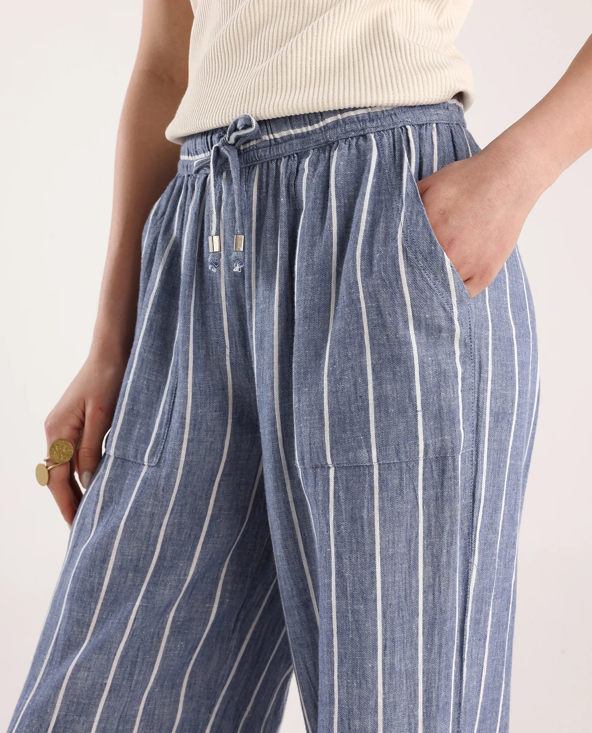 Rareism Women's Helena Blue Linen Striped Ankle Length Relaxed Fit Trouser - Image 4