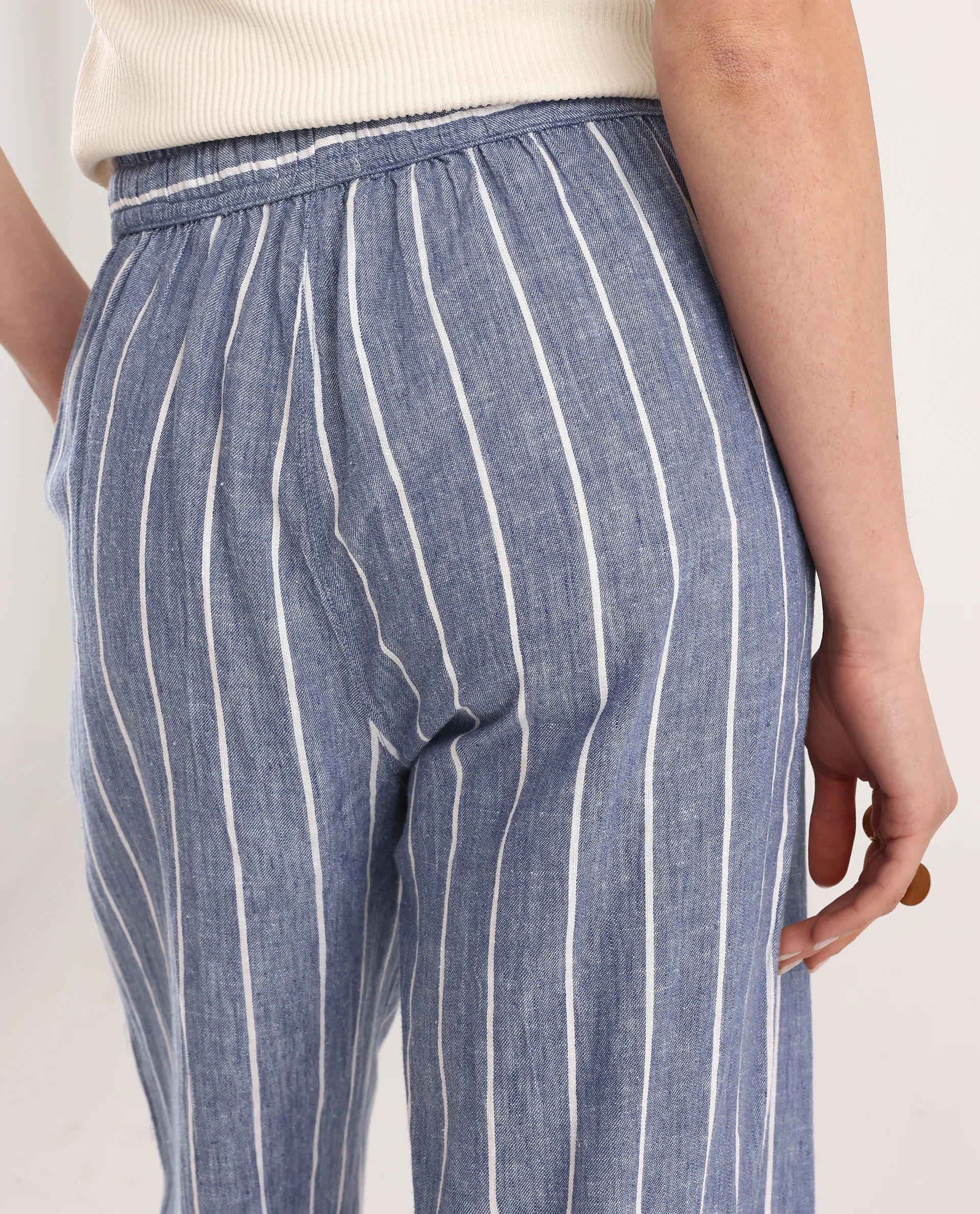 Rareism Women's Helena Blue Linen Striped Ankle Length Relaxed Fit Trouser - Image 5