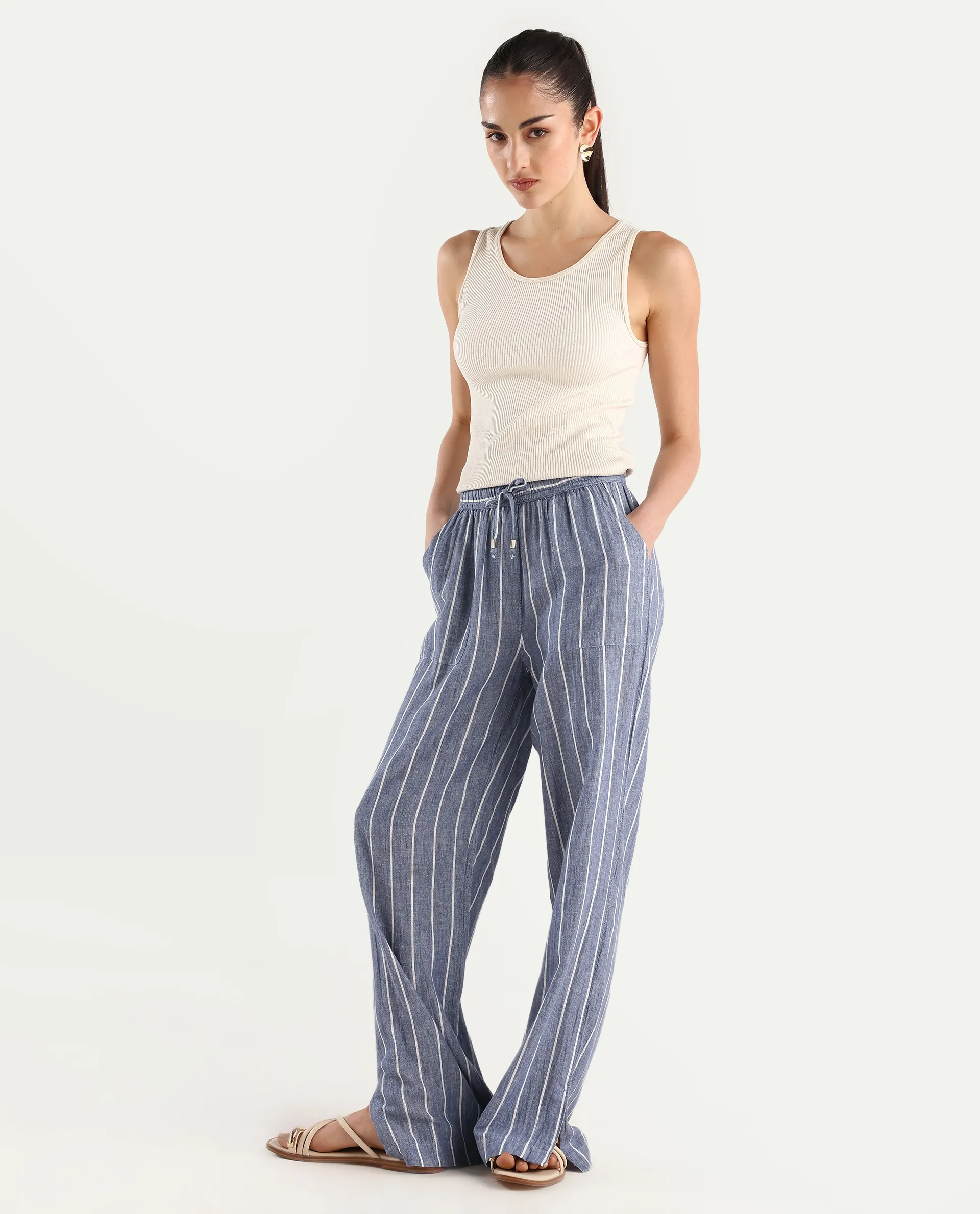 Rareism Women's Helena Blue Linen Striped Ankle Length Relaxed Fit Trouser - Image 6