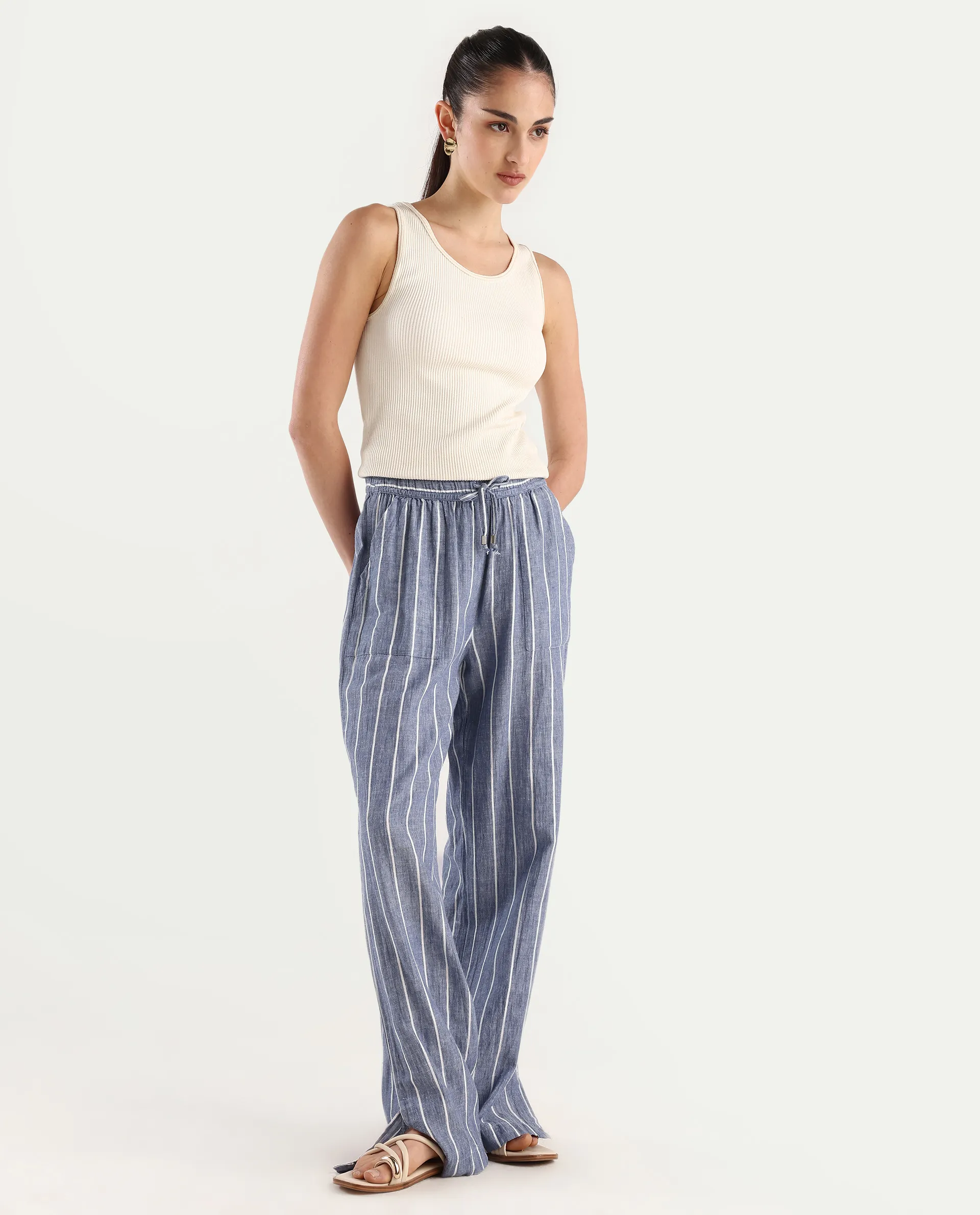 Rareism Women's Helena Blue Linen Striped Ankle Length Relaxed Fit Trouser - Image 7