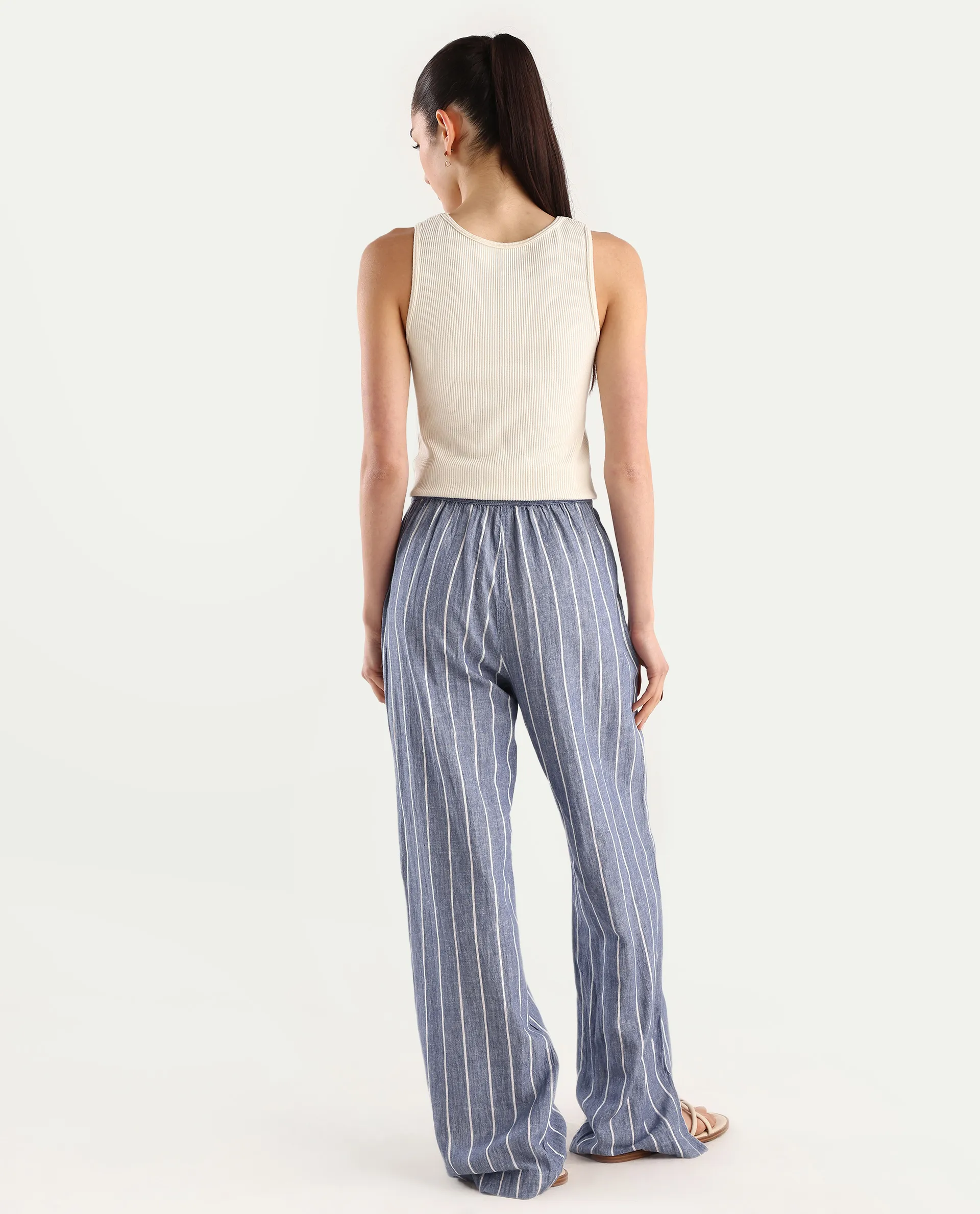 Rareism Women's Helena Blue Linen Striped Ankle Length Relaxed Fit Trouser - Image 8