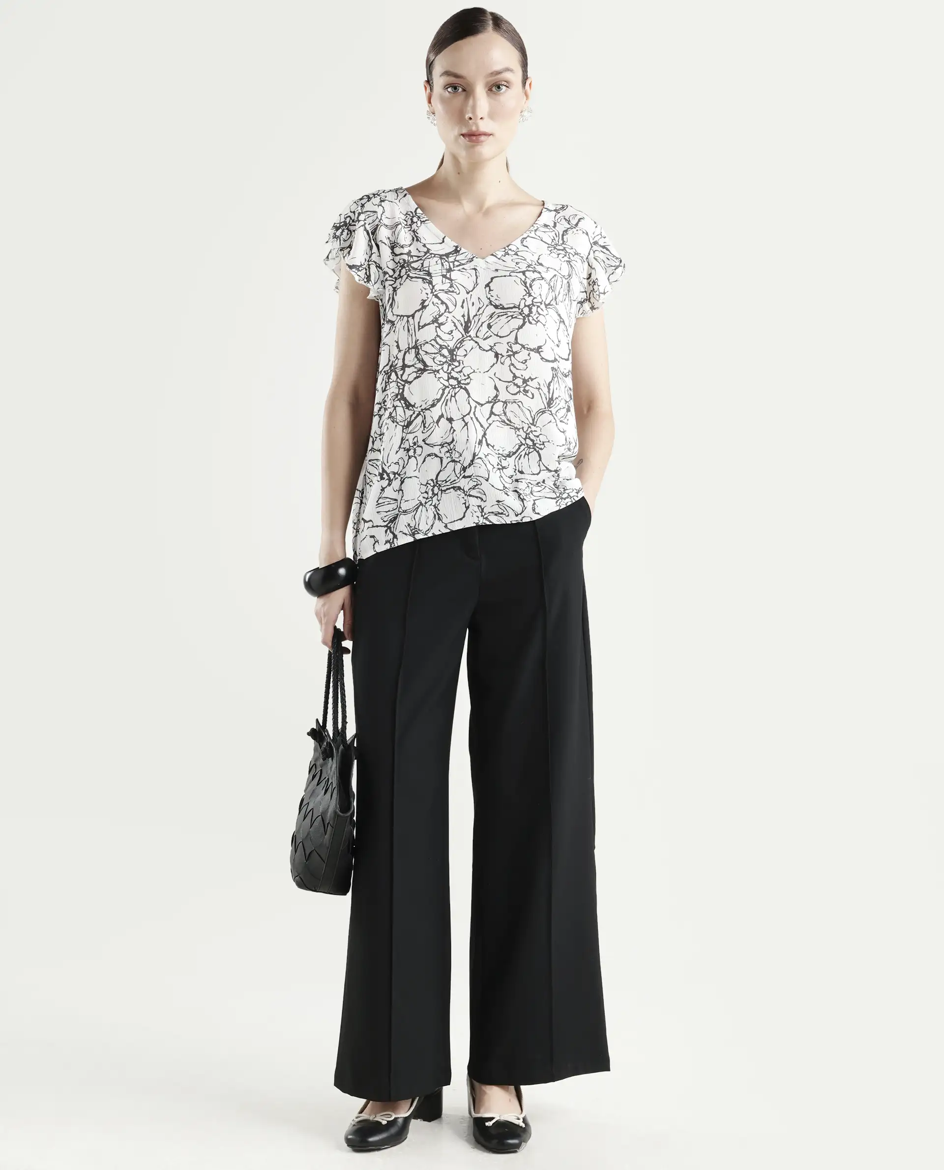 Rareism Women's Helene Light Rayon V-Neck Abstract Print Ruffled Sleeve Regular Fit Top - Image 2
