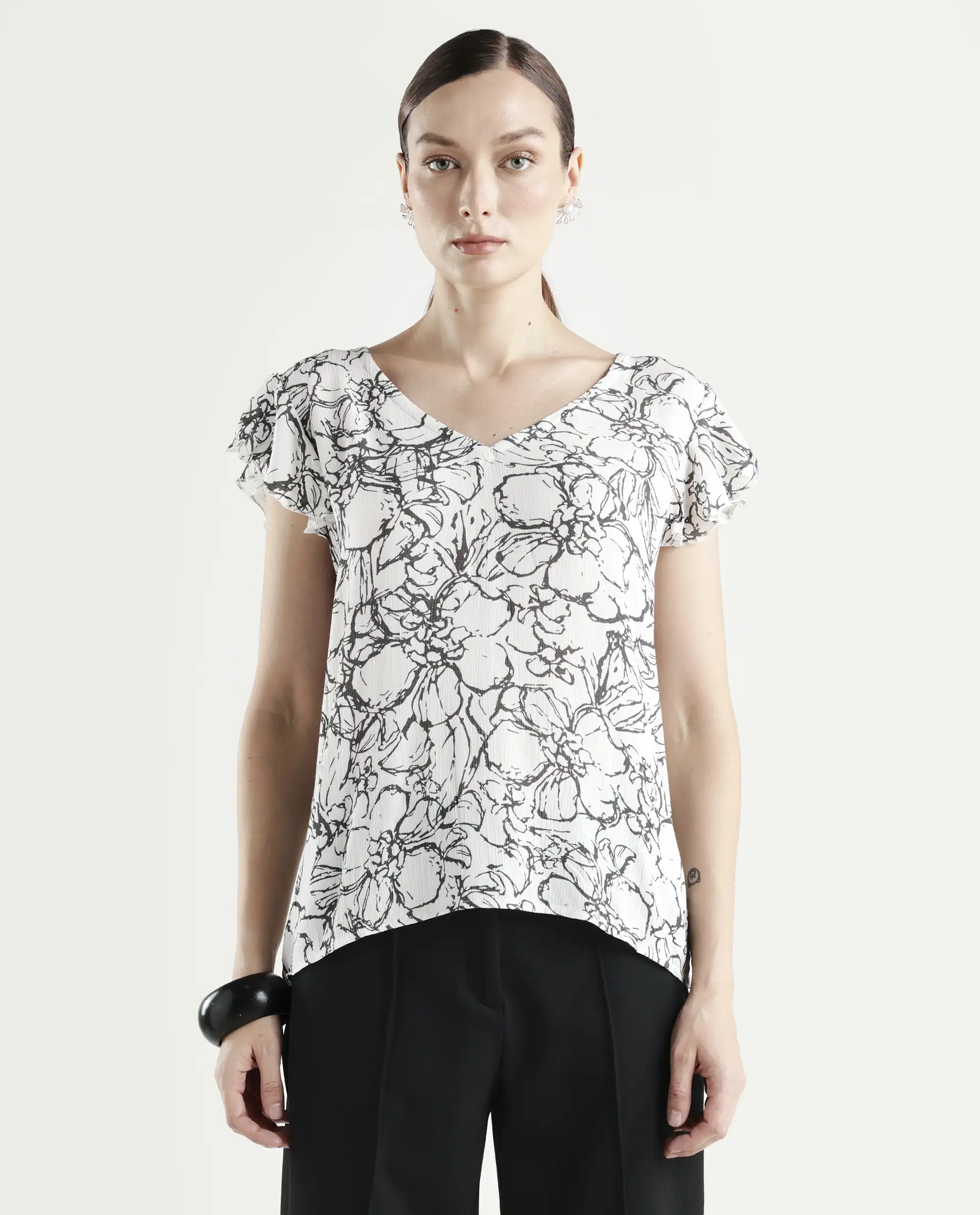 Rareism Women's Helene Light Rayon V-Neck Abstract Print Ruffled Sleeve Regular Fit Top - Image 3