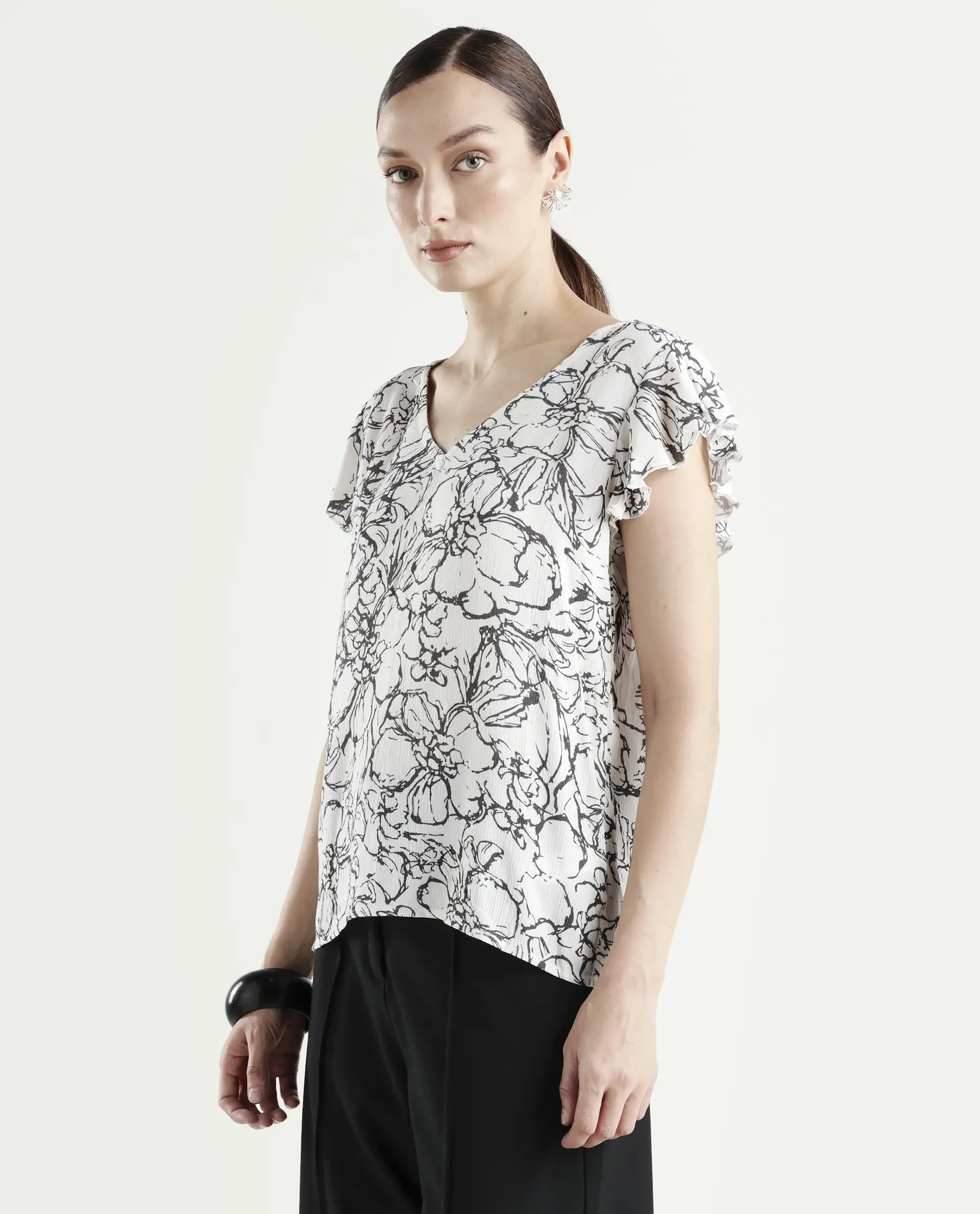 Rareism Women's Helene Light Rayon V-Neck Abstract Print Ruffled Sleeve Regular Fit Top - Image 5