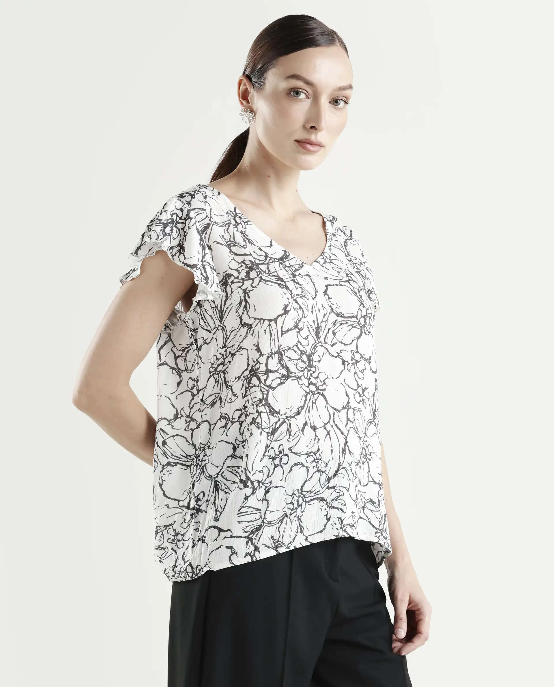 Rareism Women's Helene Light Rayon V-Neck Abstract Print Ruffled Sleeve Regular Fit Top - Image 6
