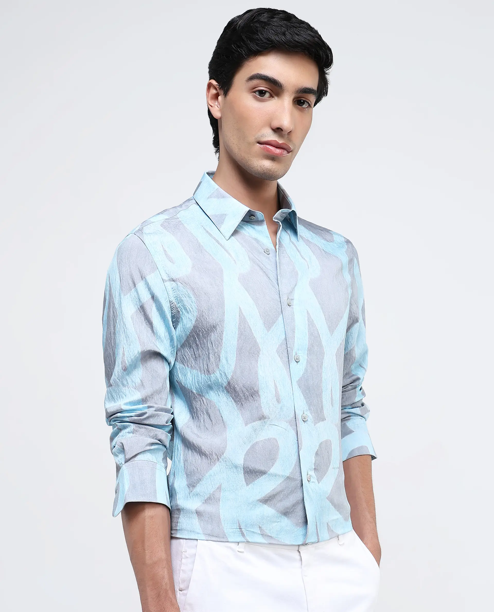 Rare Rabbit Men's Helg Pastel Blue Cotton Abstract Print Regular Fit Full Sleeve Collared Shirt