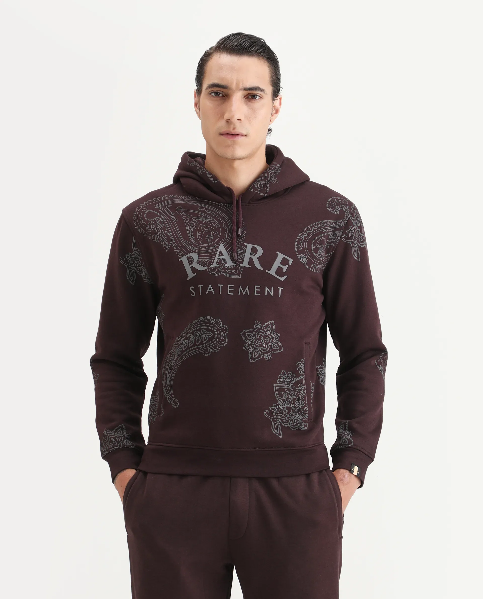 Rare Rabbit Men's Helio Maroon Paisley Print Regular Fit Full Sleeve Hooded Sweatshirt
