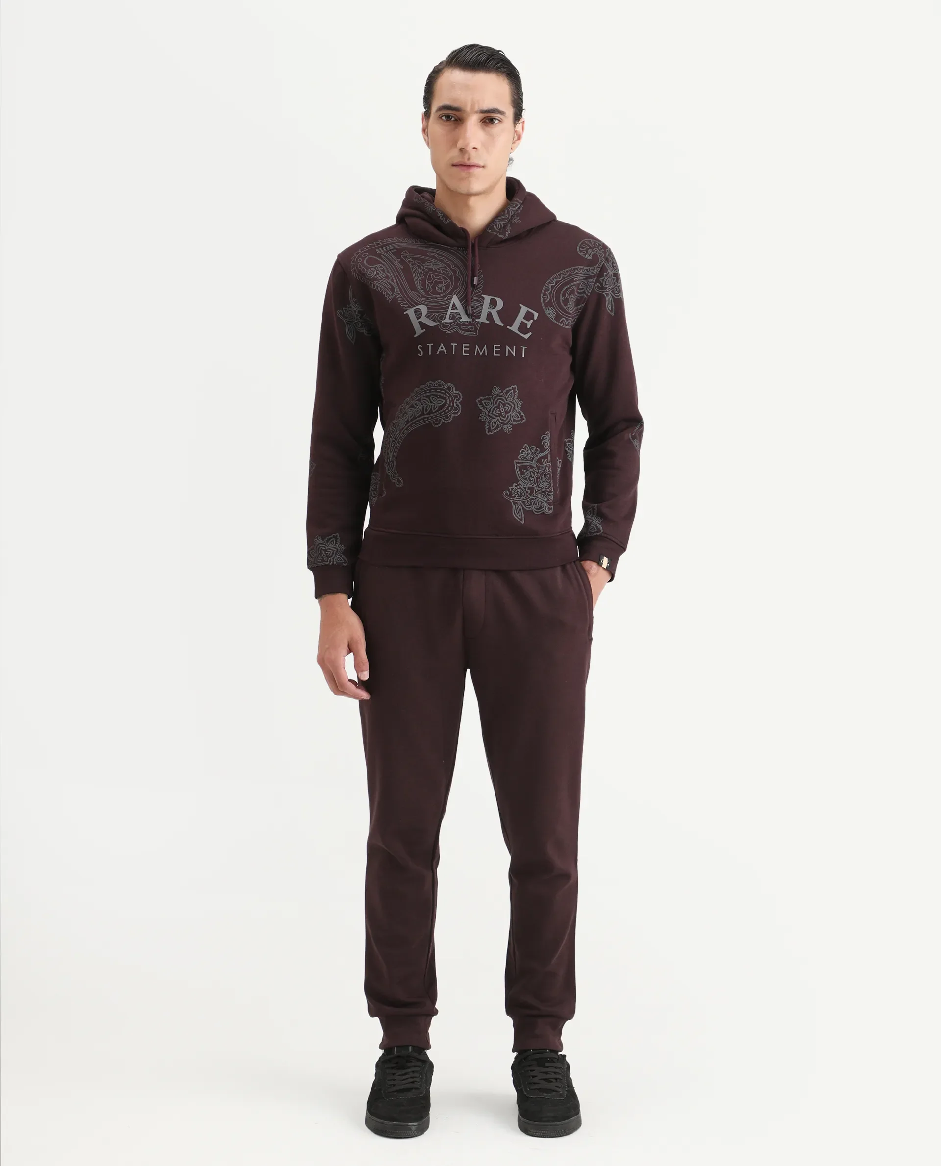 Rare Rabbit Men's Helio Maroon Paisley Print Regular Fit Full Sleeve Hooded Sweatshirt - Image 2