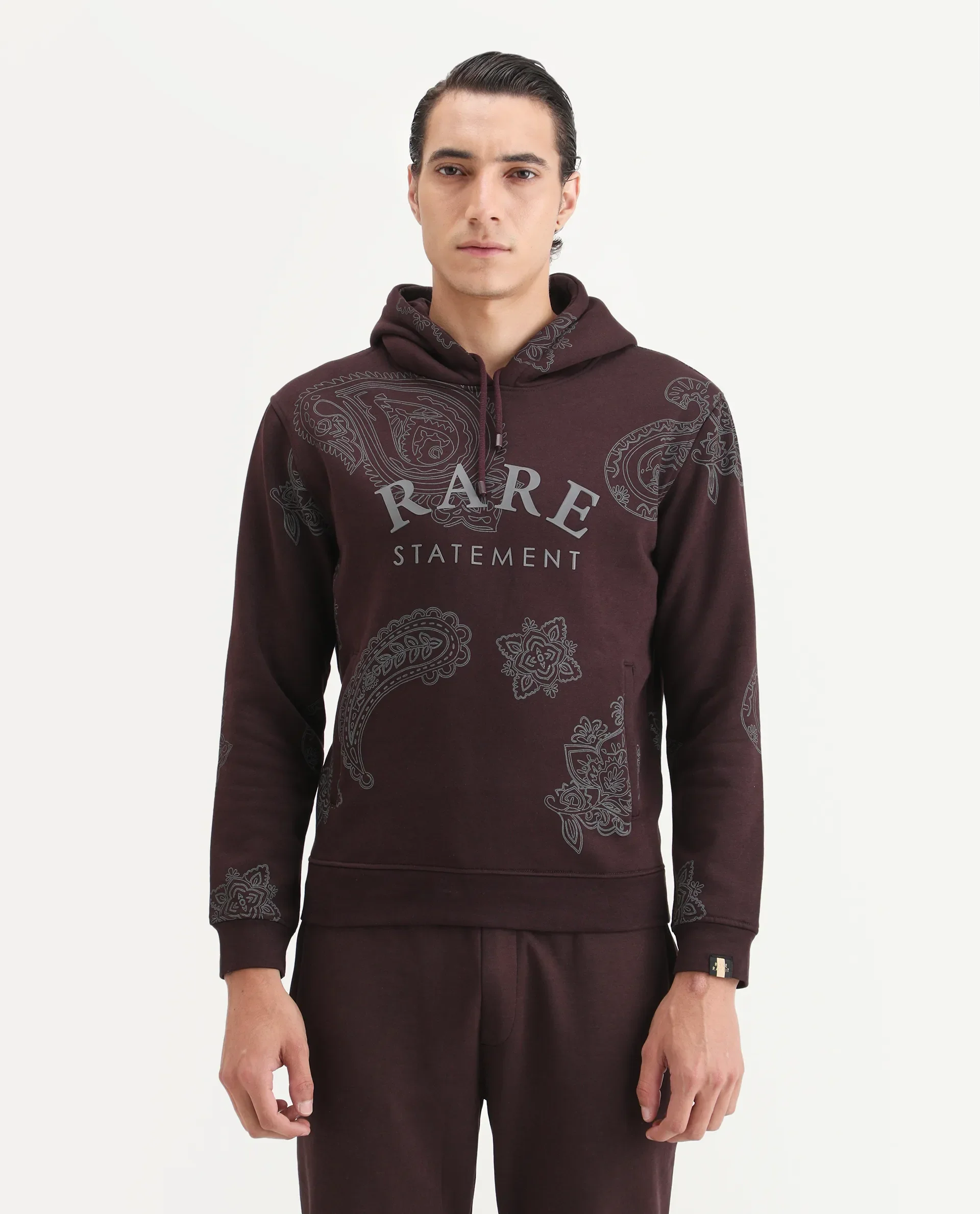 Rare Rabbit Men's Helio Maroon Paisley Print Regular Fit Full Sleeve Hooded Sweatshirt - Image 4