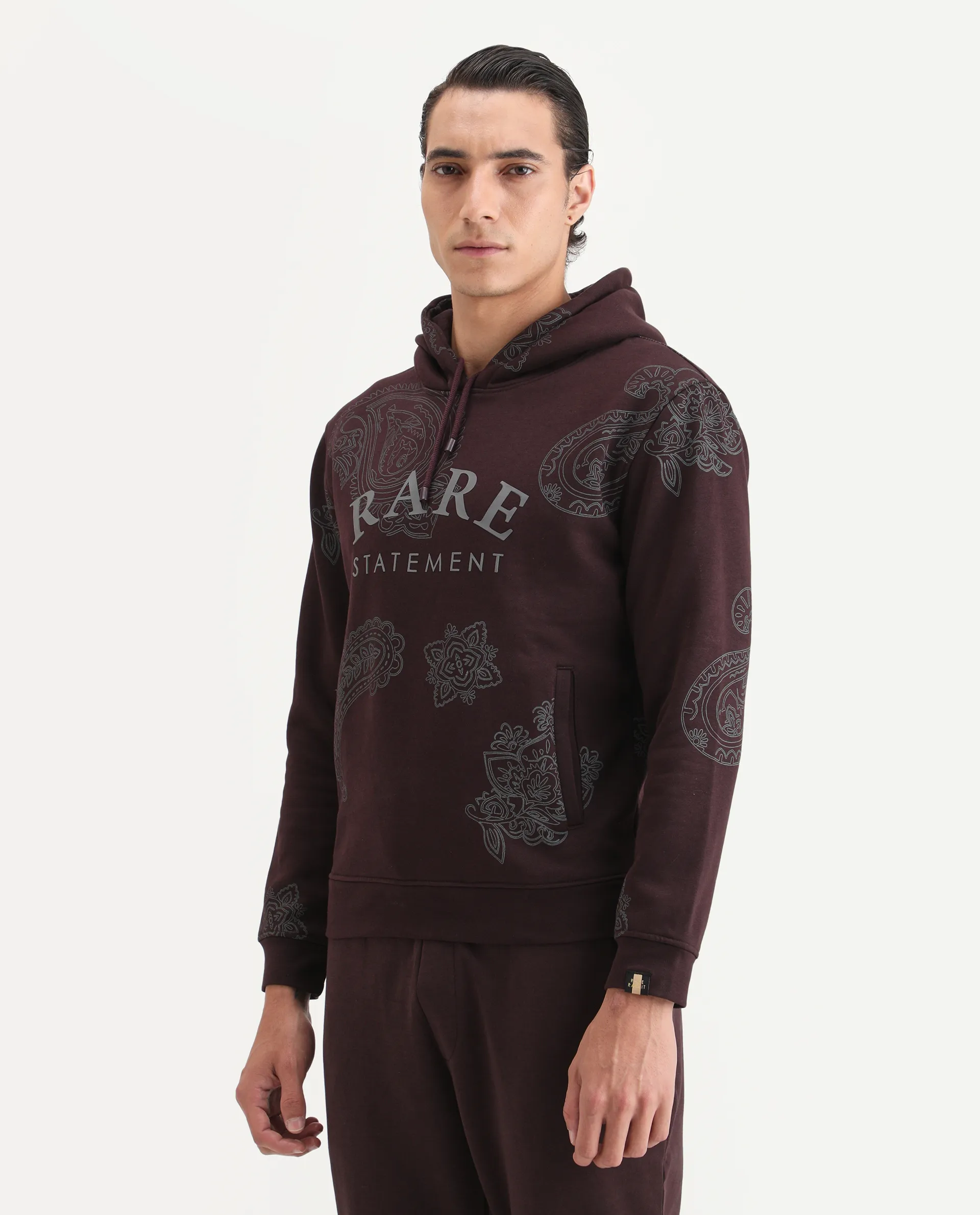 Rare Rabbit Men's Helio Maroon Paisley Print Regular Fit Full Sleeve Hooded Sweatshirt - Image 5