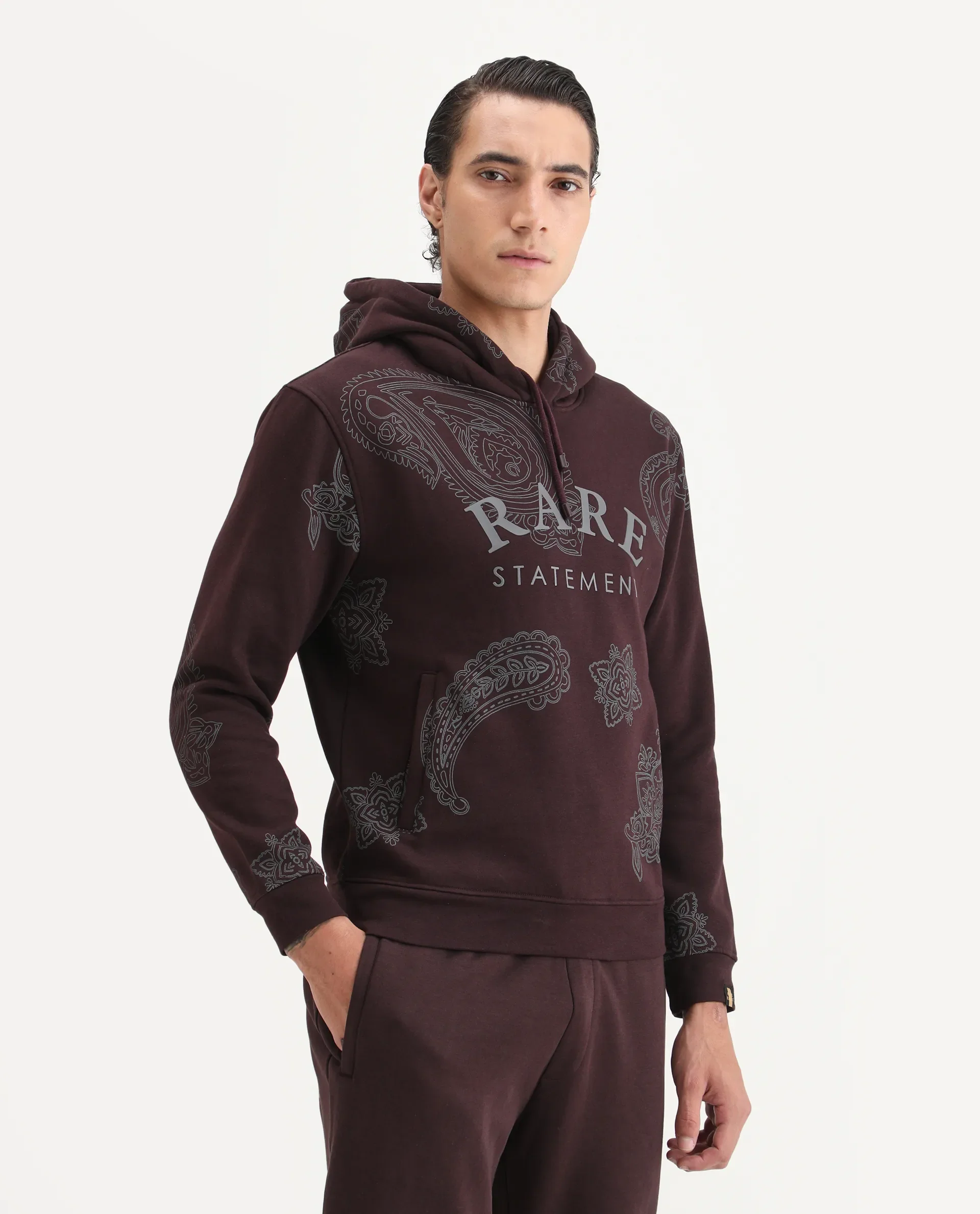Rare Rabbit Men's Helio Maroon Paisley Print Regular Fit Full Sleeve Hooded Sweatshirt - Image 6