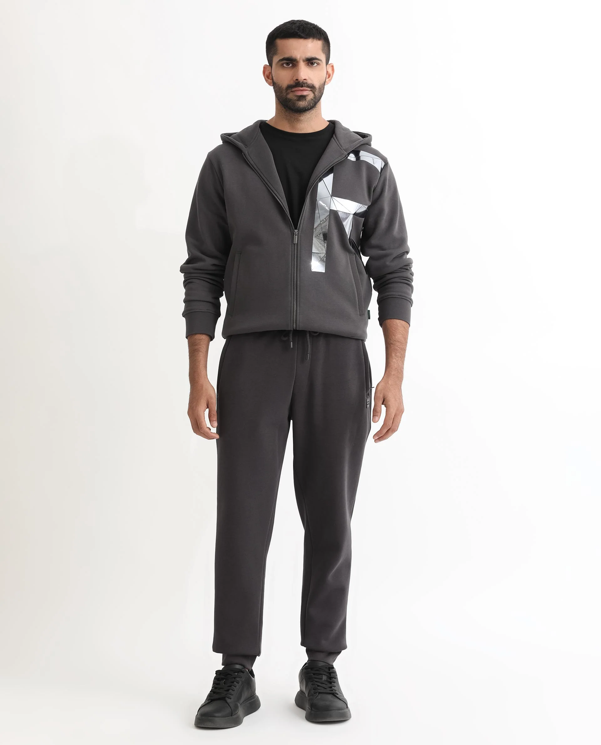 Rare Rabbit Men's Helna Dark Grey Cotton Plain Regular Fit Joggers - Image 3