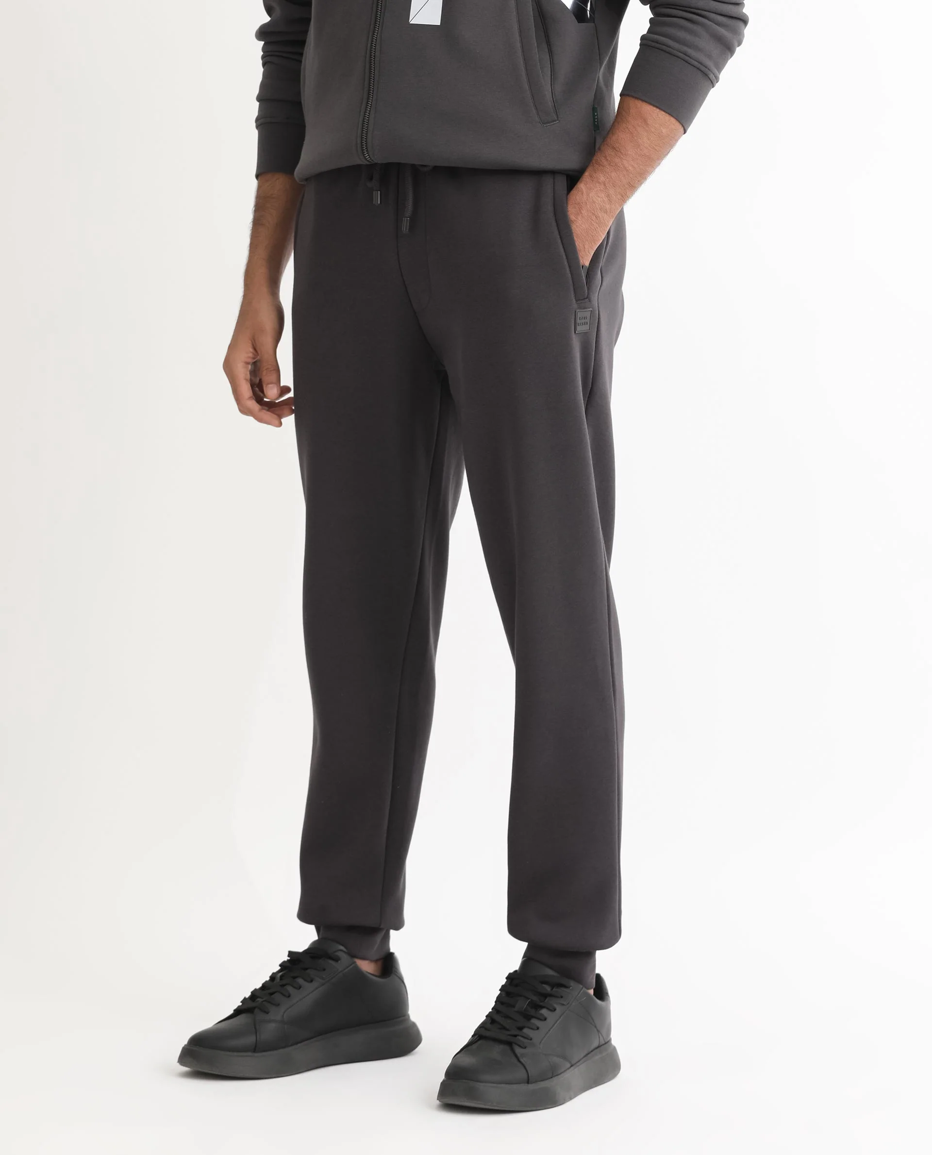 Rare Rabbit Men's Helna Dark Grey Cotton Plain Regular Fit Joggers - Image 4