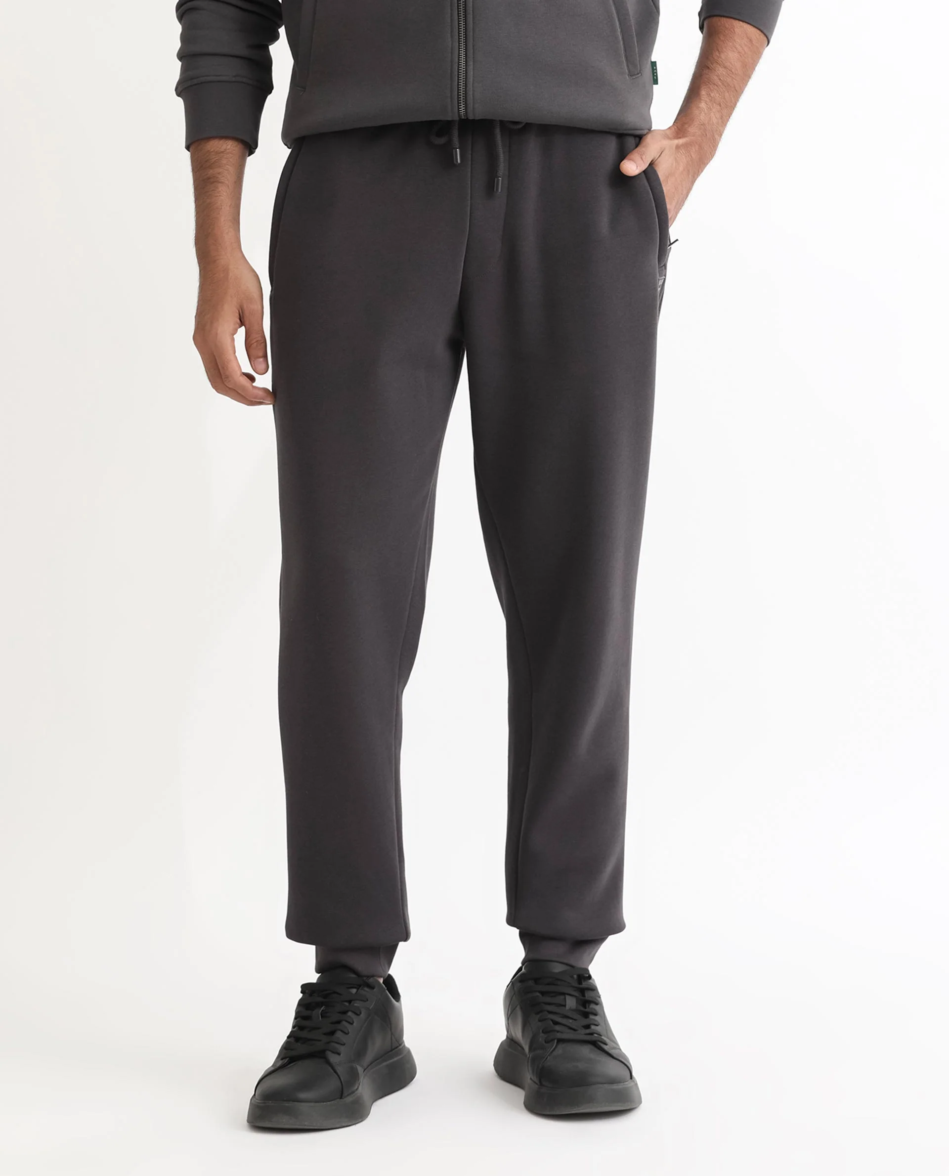 Rare Rabbit Men's Helna Dark Grey Cotton Plain Regular Fit Joggers - Image 6