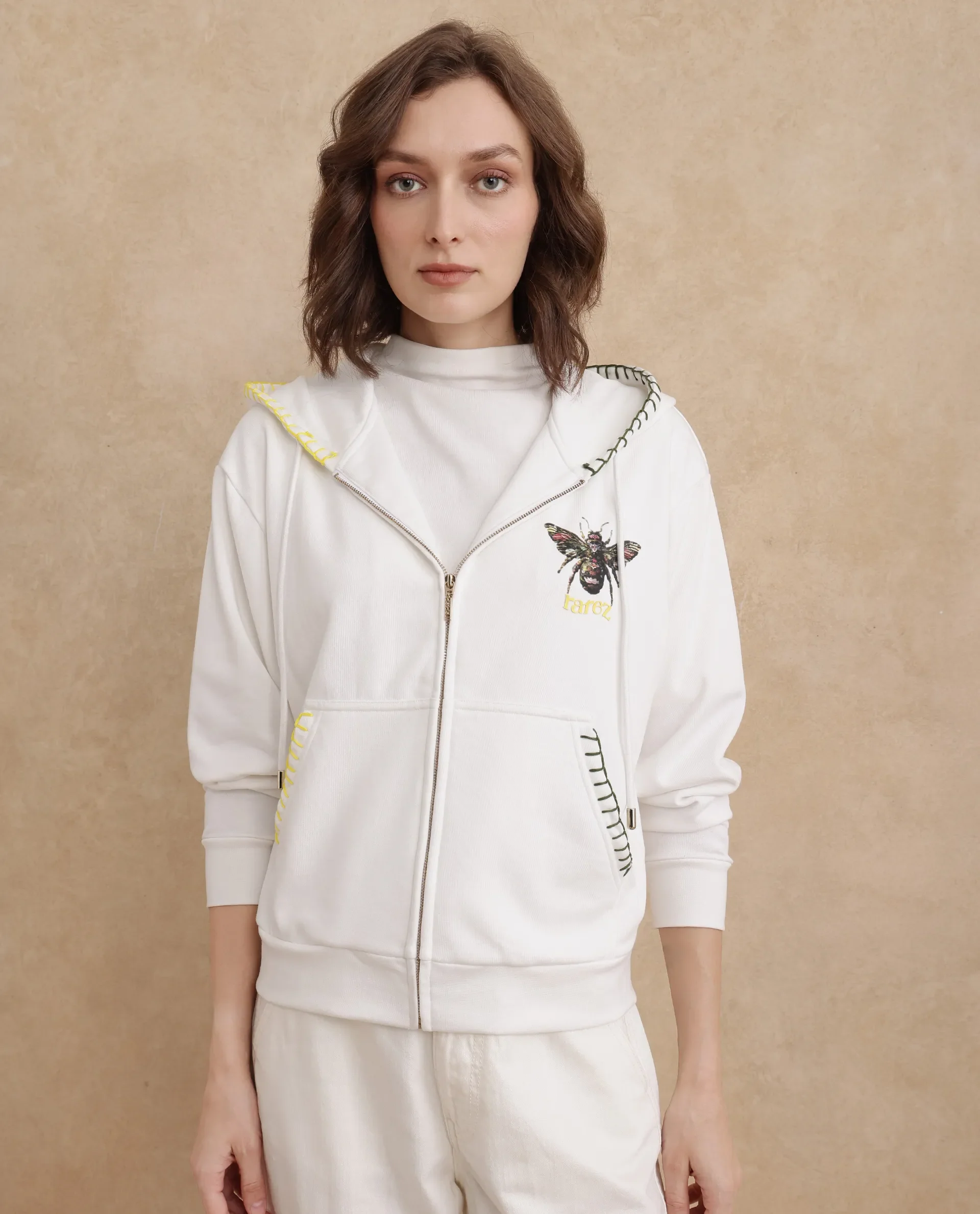 Rareism Women's Hemian Off White Cotton Blend Hooded Graphic Print Relaxed Fit Sweatshirt - Image 10