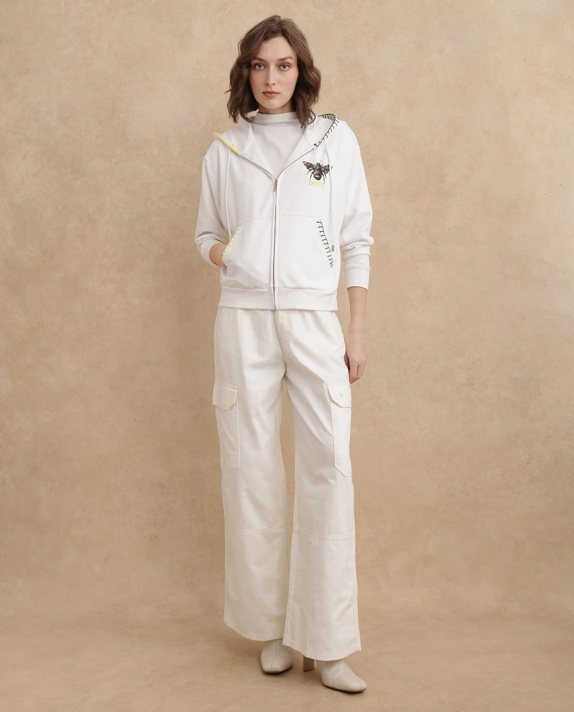 Rareism Women's Hemian Off White Cotton Blend Hooded Graphic Print Relaxed Fit Sweatshirt - Image 12