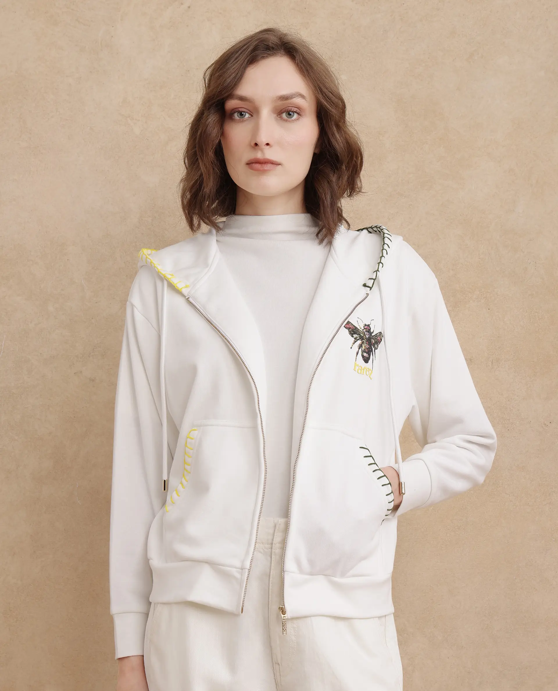 Rareism Women's Hemian Off White Cotton Blend Hooded Graphic Print Relaxed Fit Sweatshirt - Image 2