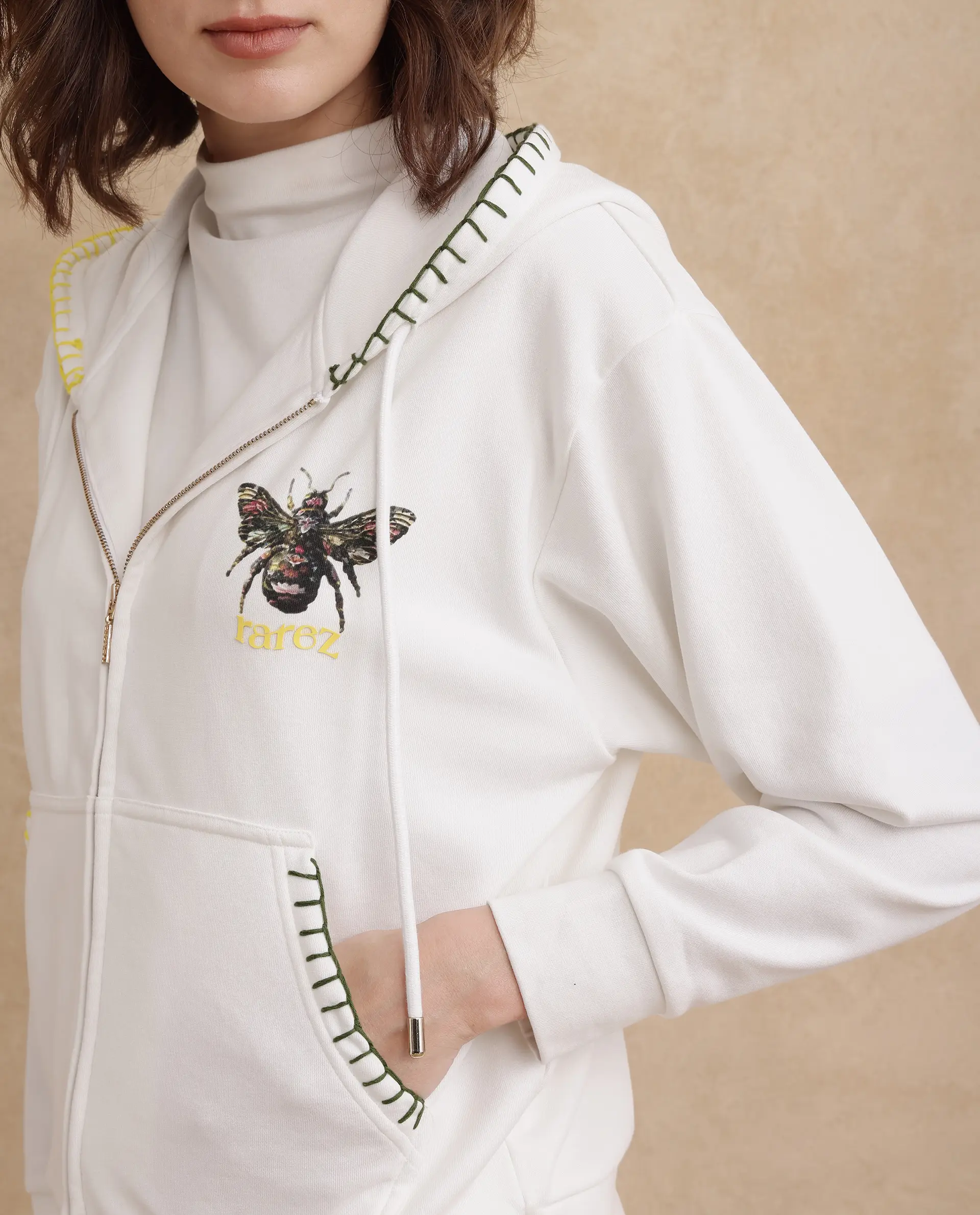Rareism Women's Hemian Off White Cotton Blend Hooded Graphic Print Relaxed Fit Sweatshirt - Image 3