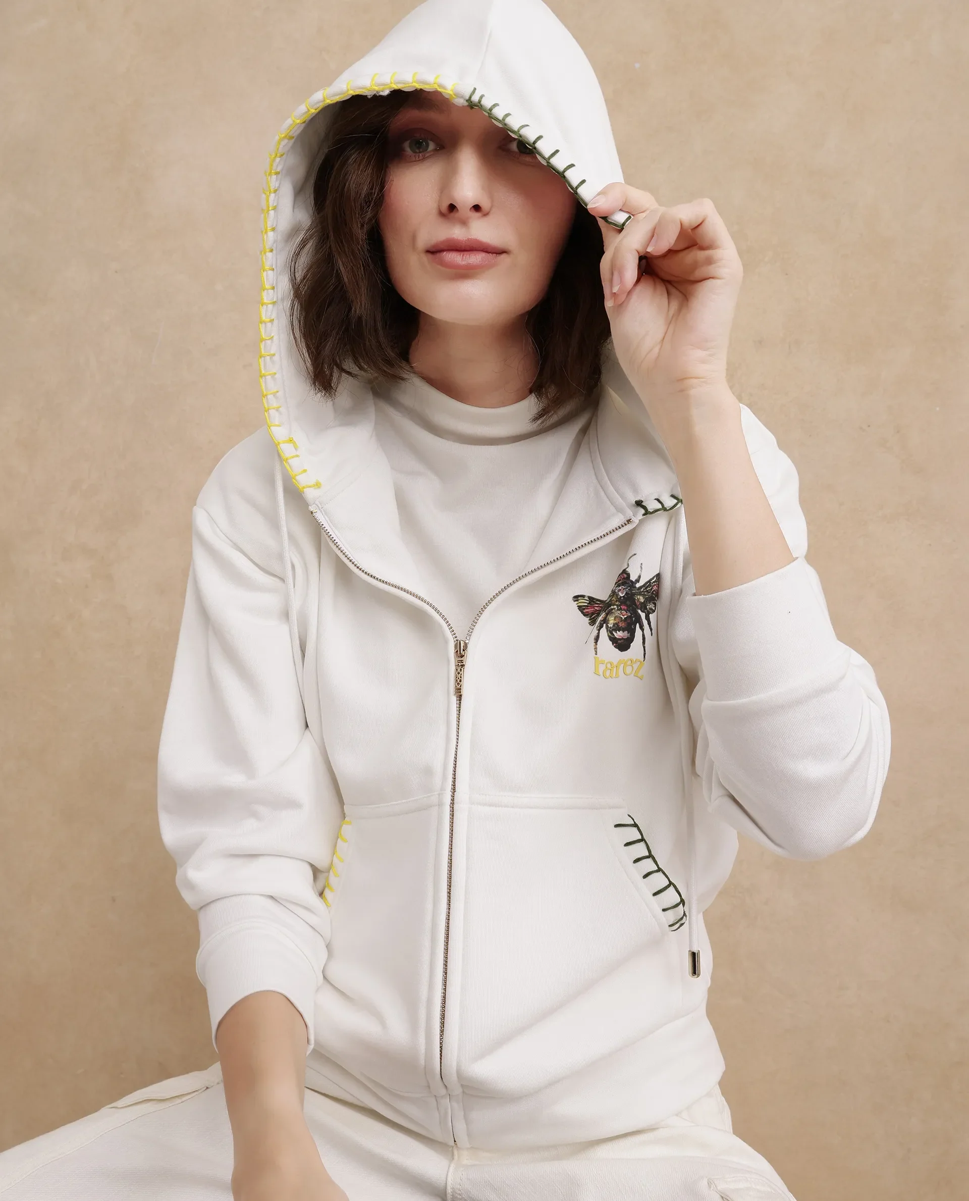 Rareism Women's Hemian Off White Cotton Blend Hooded Graphic Print Relaxed Fit Sweatshirt - Image 4