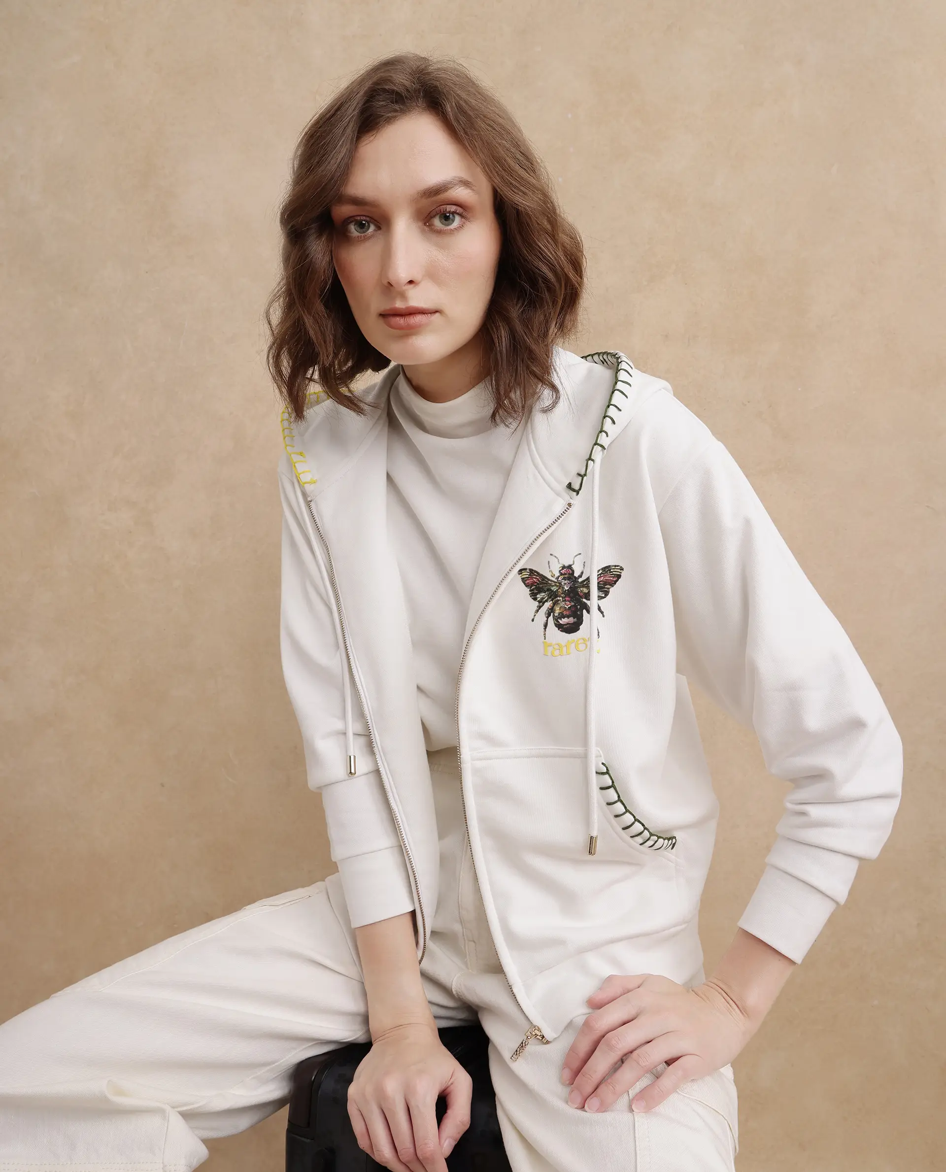Rareism Women's Hemian Off White Cotton Blend Hooded Graphic Print Relaxed Fit Sweatshirt - Image 6