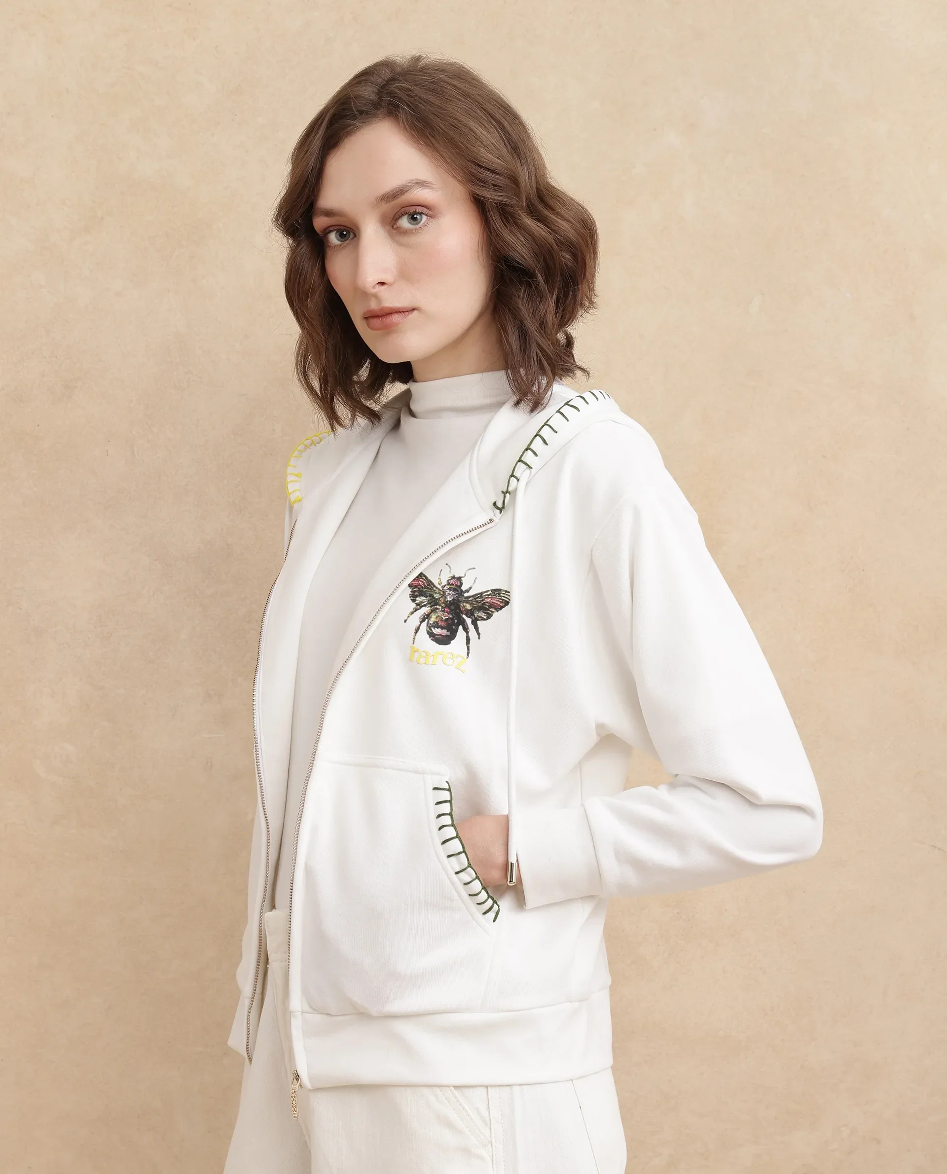 Rareism Women's Hemian Off White Cotton Blend Hooded Graphic Print Relaxed Fit Sweatshirt - Image 7