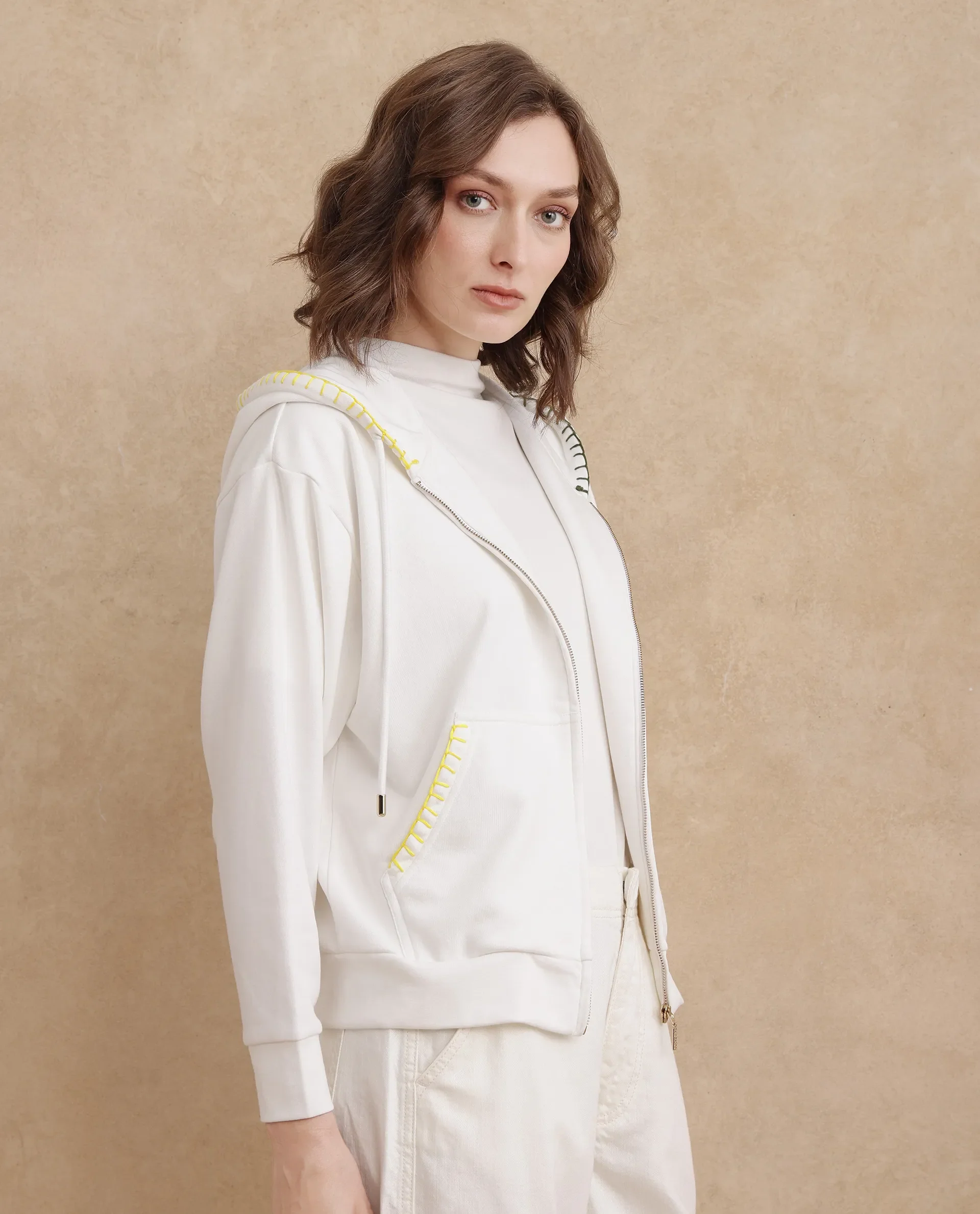 Rareism Women's Hemian Off White Cotton Blend Hooded Graphic Print Relaxed Fit Sweatshirt - Image 8