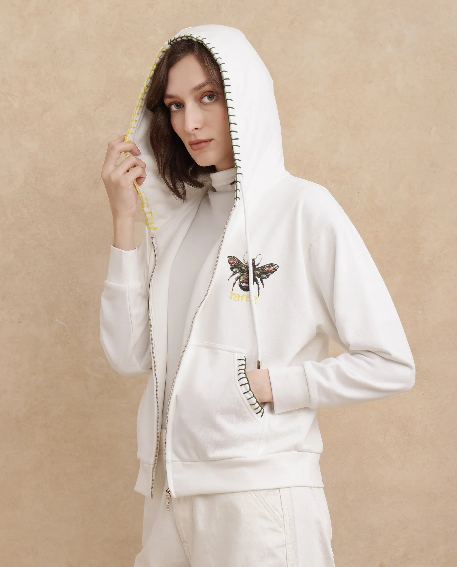 Rareism Women's Hemian Off White Cotton Blend Hooded Graphic Print Relaxed Fit Sweatshirt - Image 9