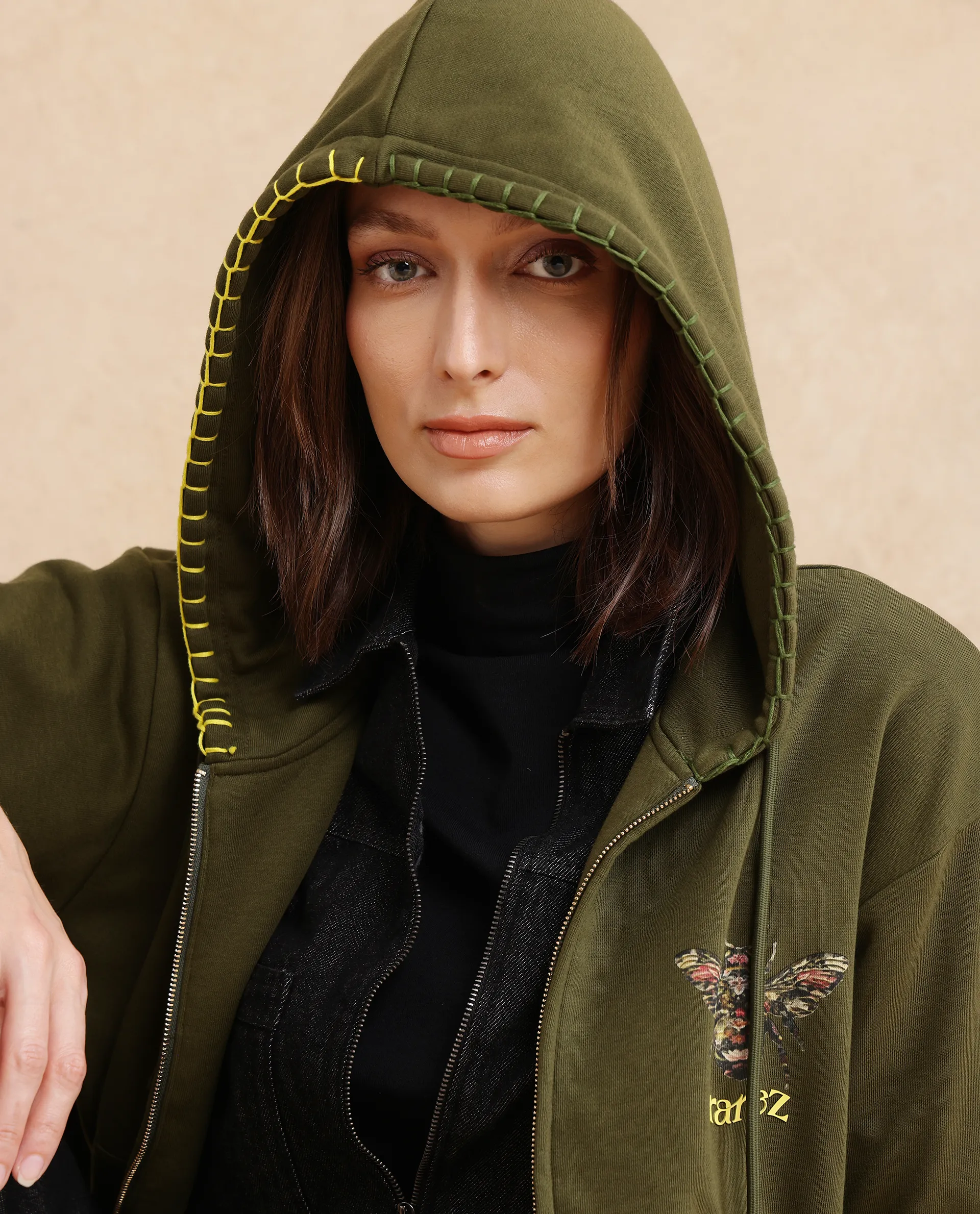 Rareism Women's Hemian Olive Cotton Blend Hooded Graphic Print Relaxed Fit Sweatshirt