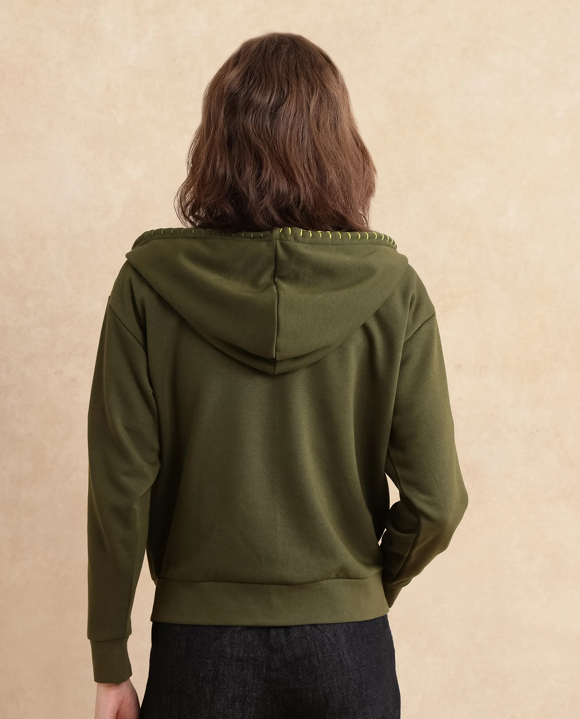 Rareism Women's Hemian Olive Cotton Blend Hooded Graphic Print Relaxed Fit Sweatshirt - Image 10
