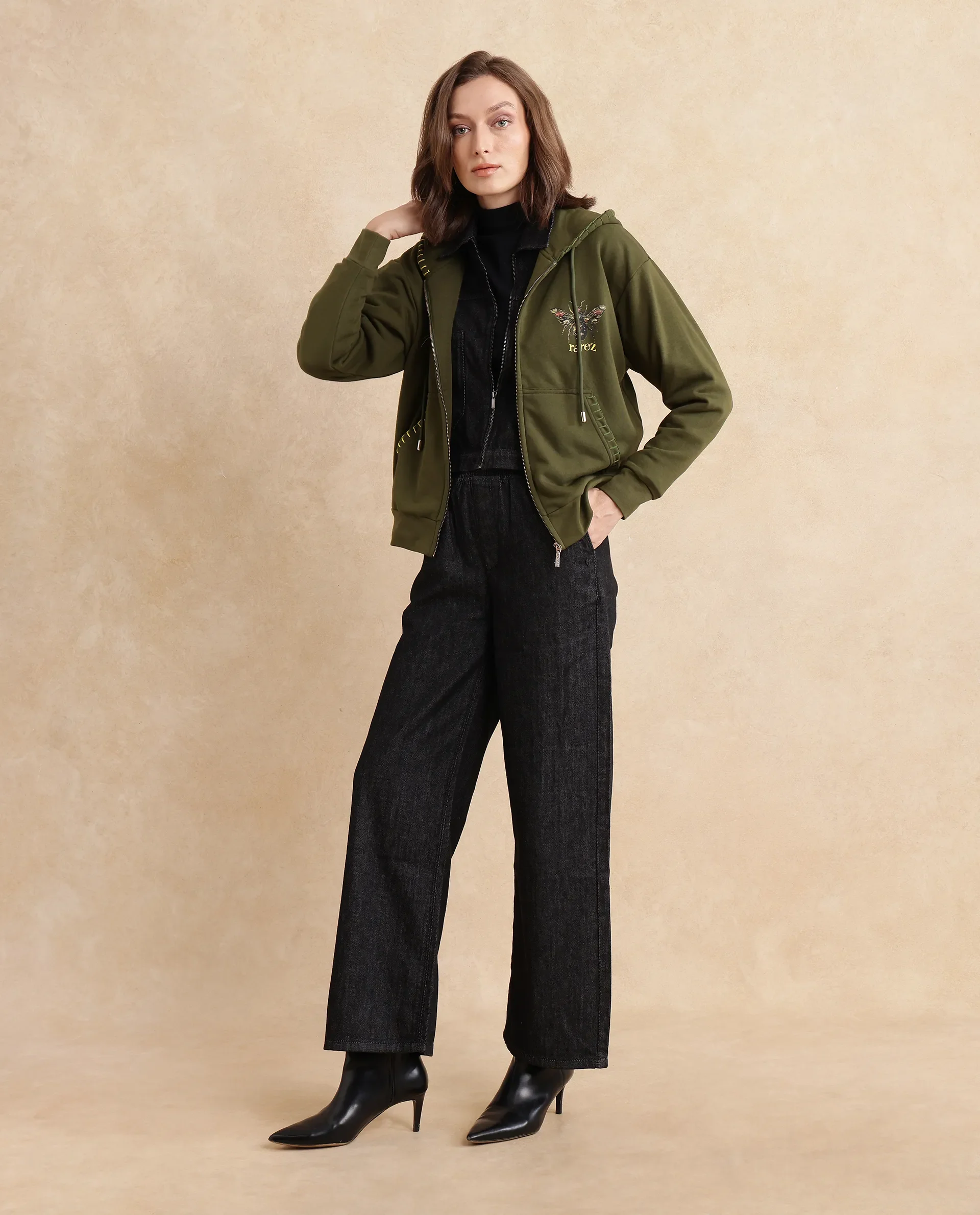 Rareism Women's Hemian Olive Cotton Blend Hooded Graphic Print Relaxed Fit Sweatshirt - Image 11