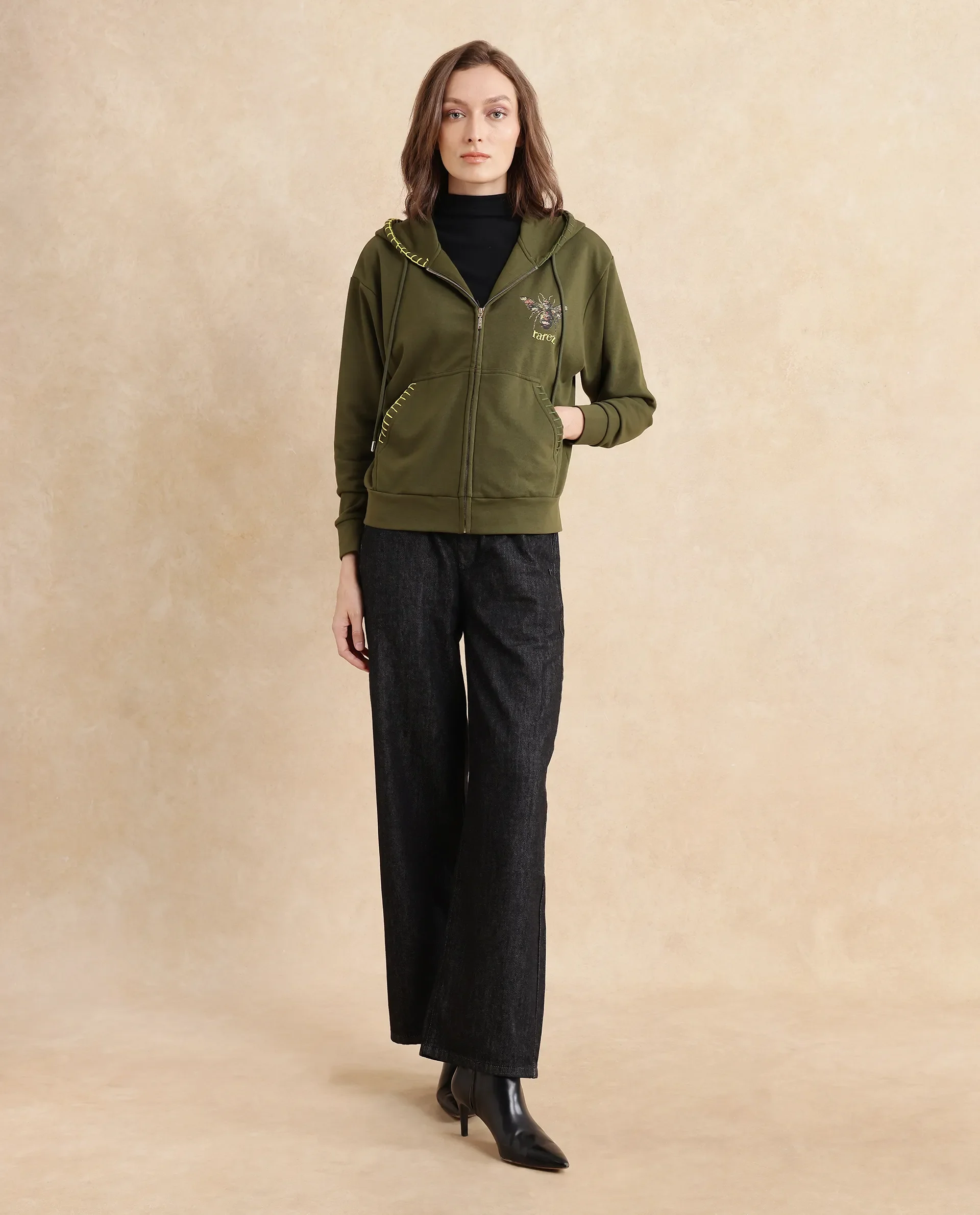 Rareism Women's Hemian Olive Cotton Blend Hooded Graphic Print Relaxed Fit Sweatshirt - Image 13
