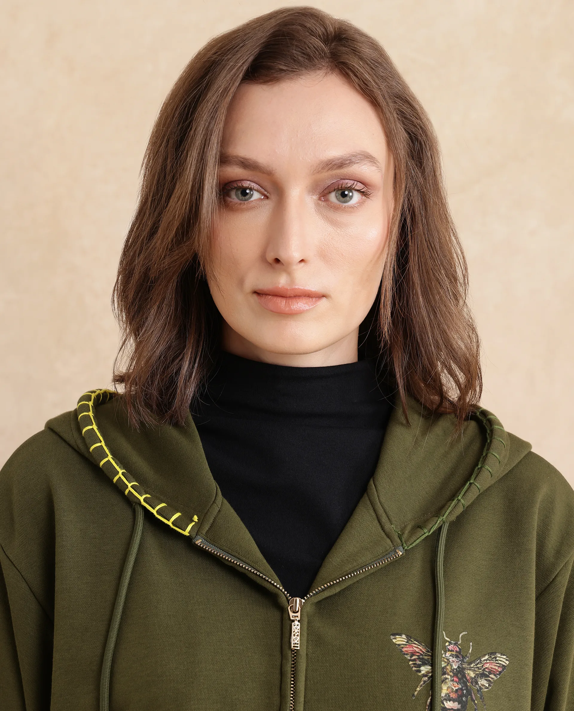 Rareism Women's Hemian Olive Cotton Blend Hooded Graphic Print Relaxed Fit Sweatshirt - Image 2