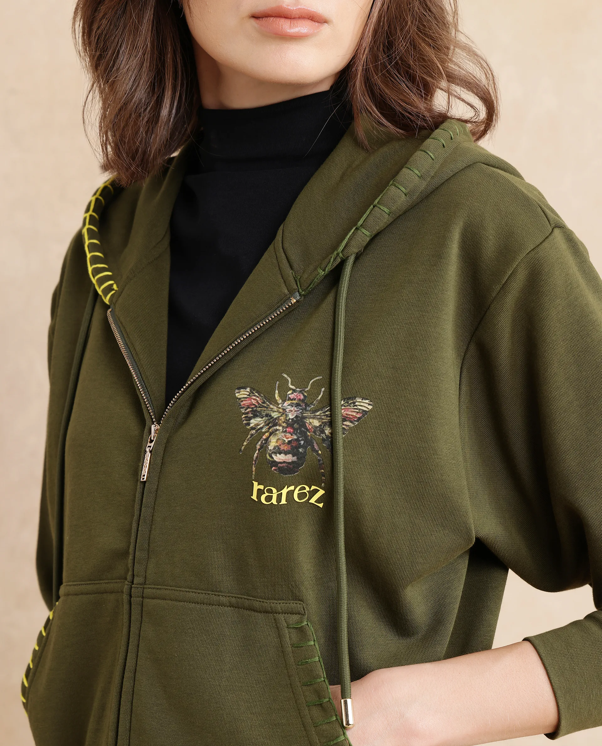 Rareism Women's Hemian Olive Cotton Blend Hooded Graphic Print Relaxed Fit Sweatshirt - Image 3