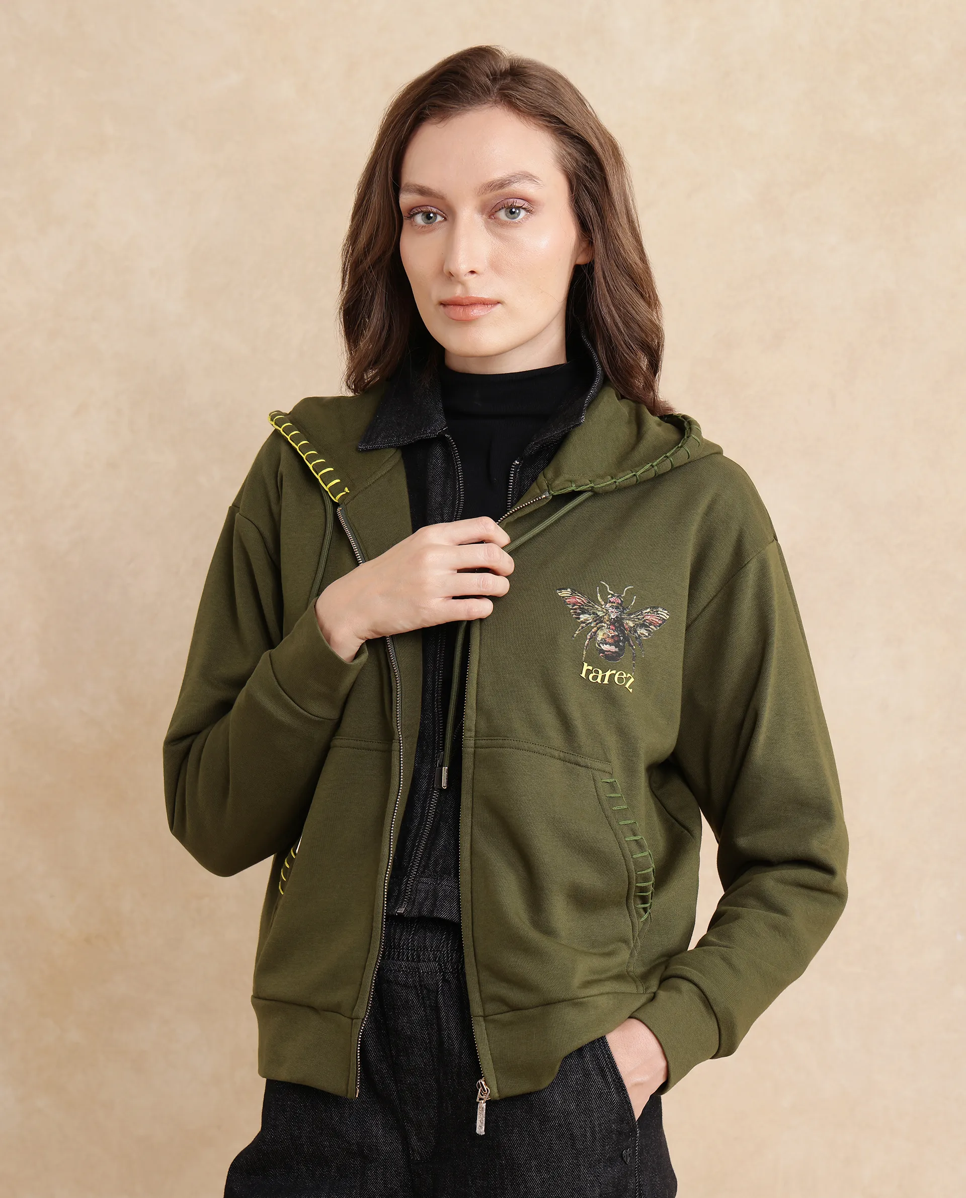 Rareism Women's Hemian Olive Cotton Blend Hooded Graphic Print Relaxed Fit Sweatshirt - Image 4