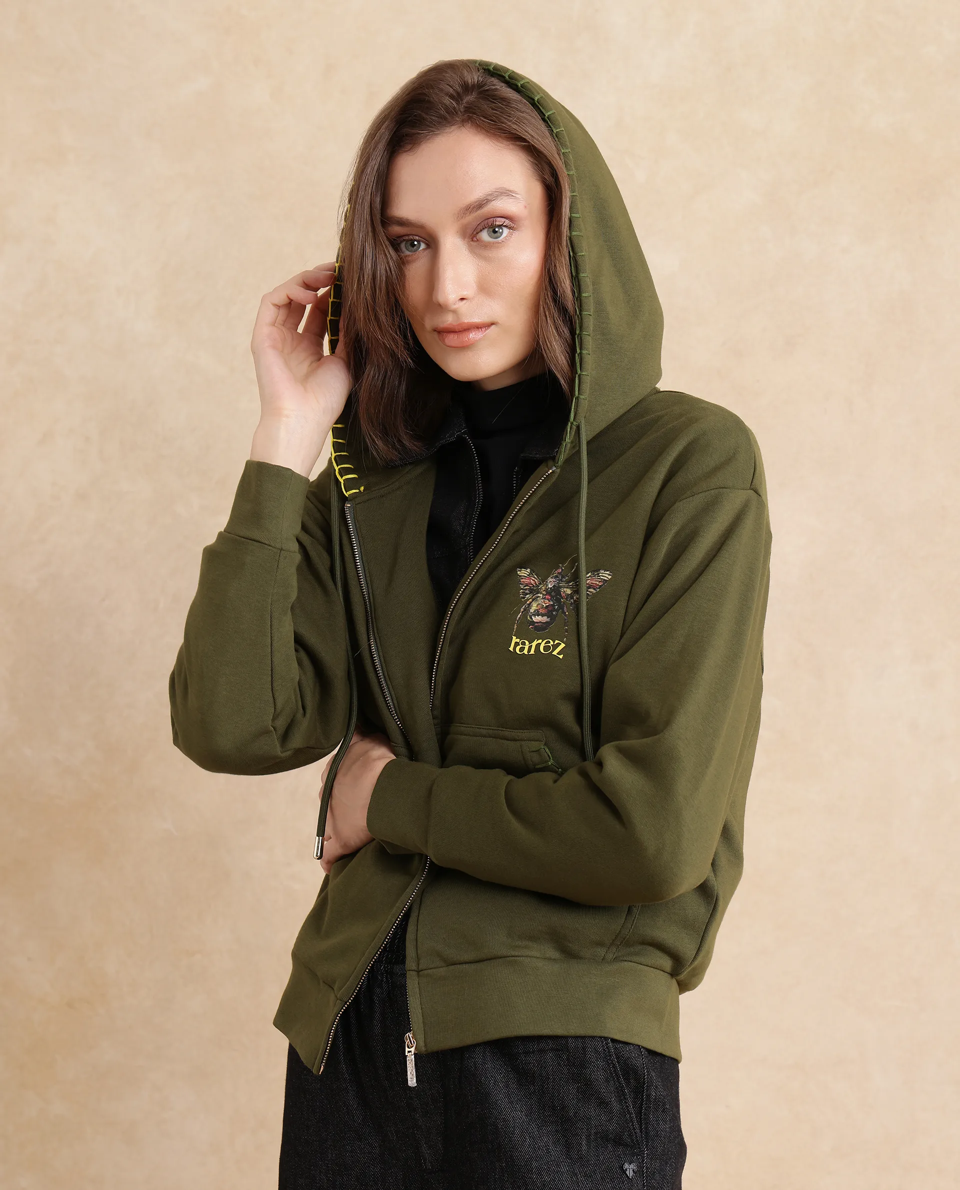 Rareism Women's Hemian Olive Cotton Blend Hooded Graphic Print Relaxed Fit Sweatshirt - Image 5