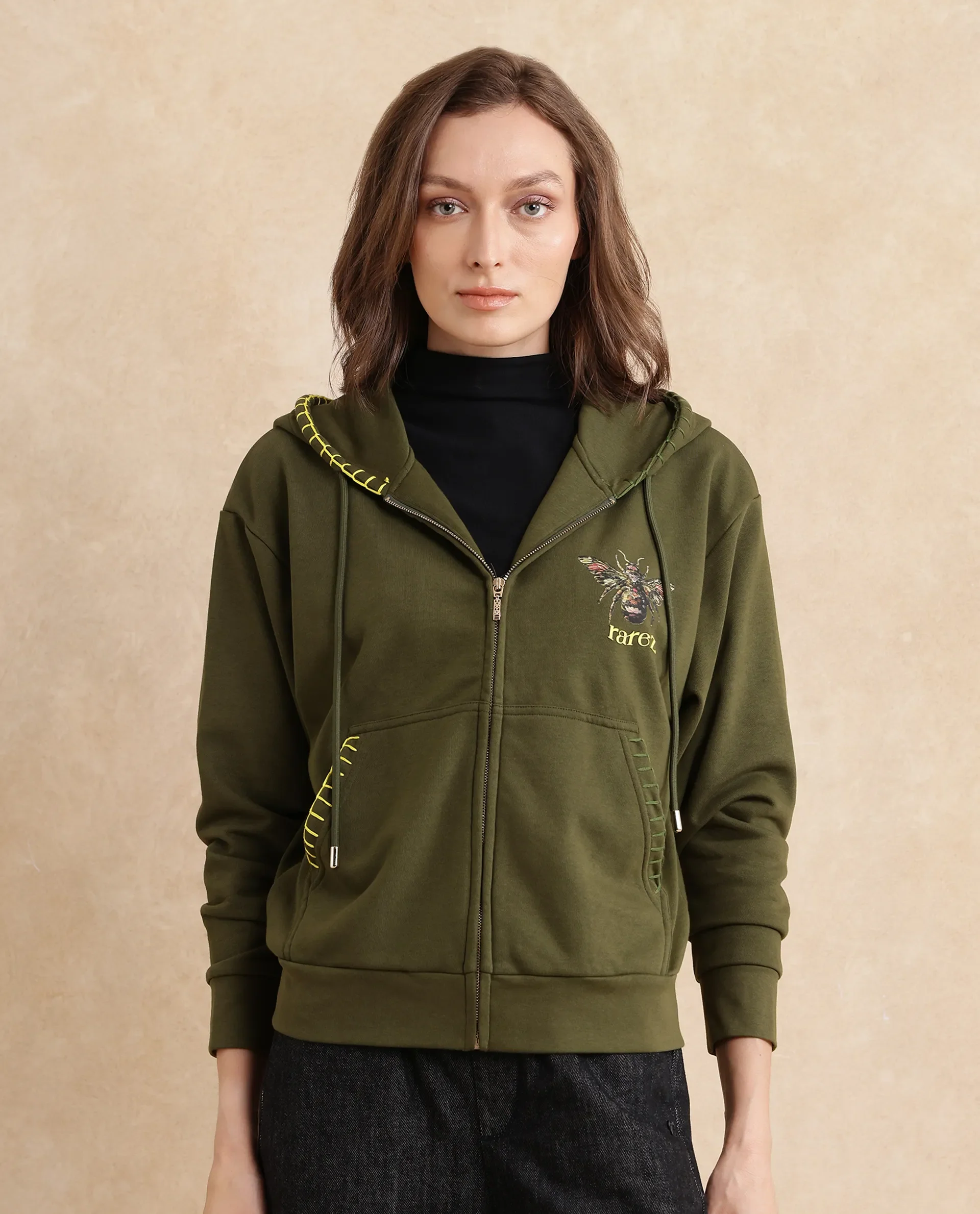 Rareism Women's Hemian Olive Cotton Blend Hooded Graphic Print Relaxed Fit Sweatshirt - Image 6
