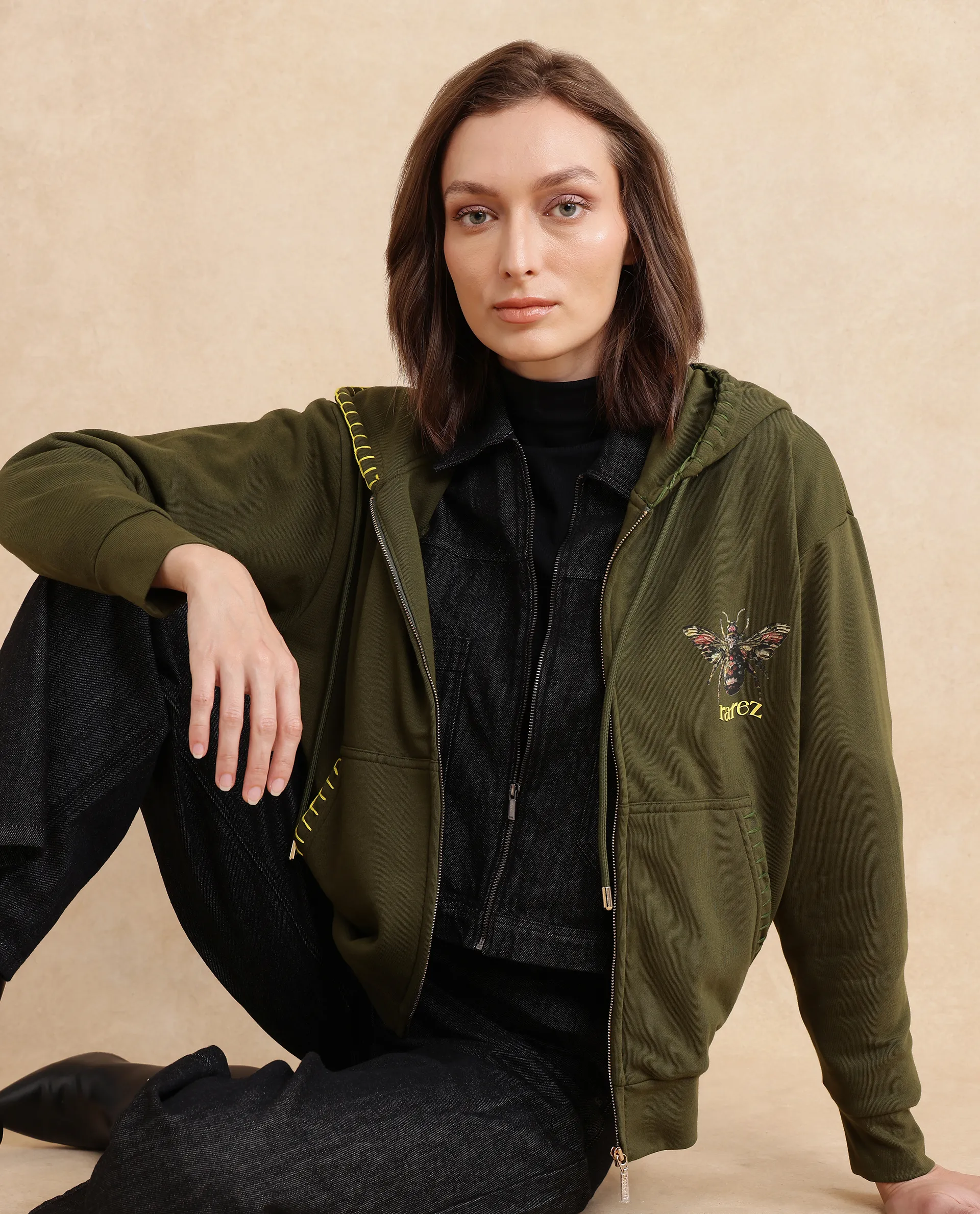 Rareism Women's Hemian Olive Cotton Blend Hooded Graphic Print Relaxed Fit Sweatshirt - Image 7