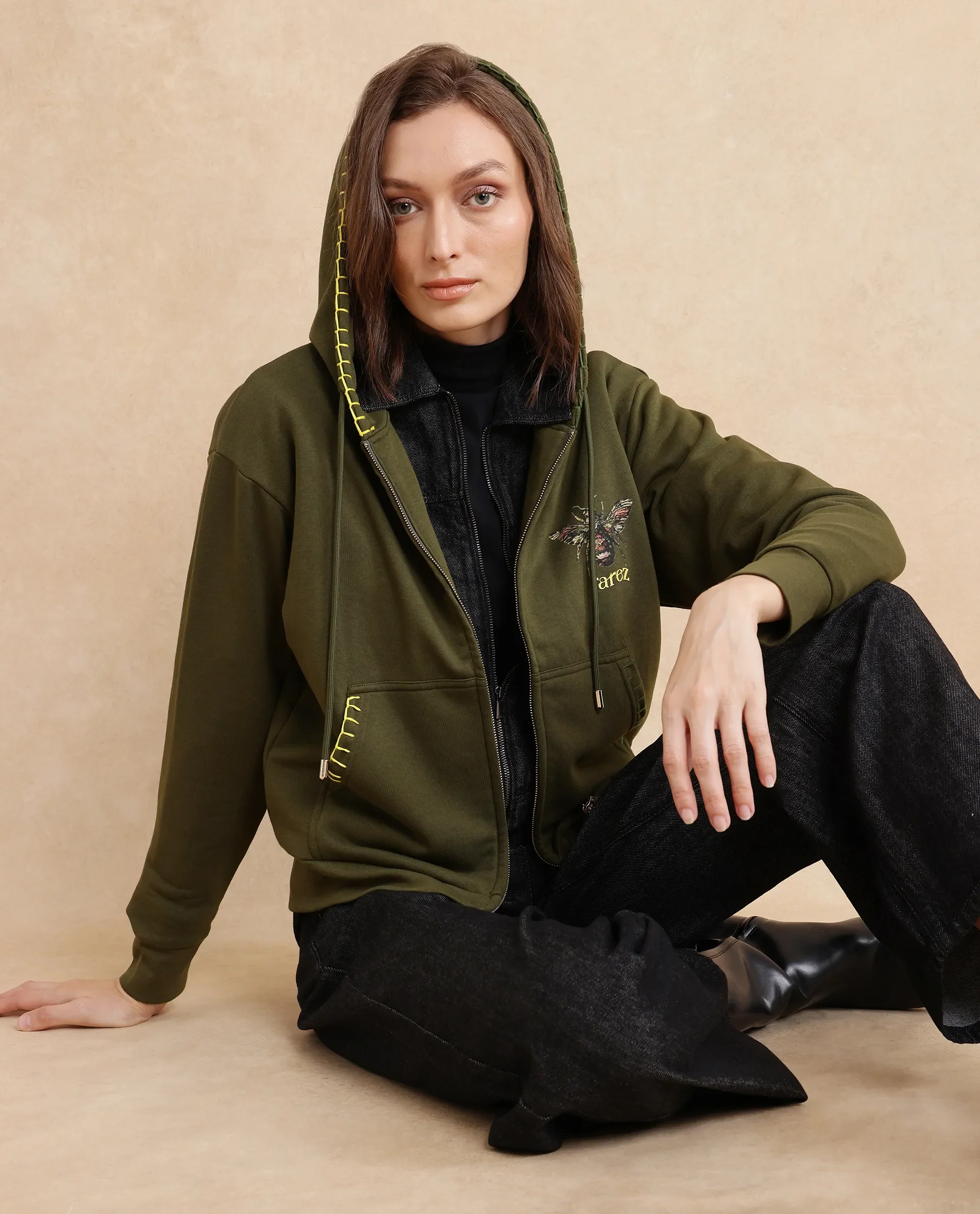 Rareism Women's Hemian Olive Cotton Blend Hooded Graphic Print Relaxed Fit Sweatshirt - Image 8