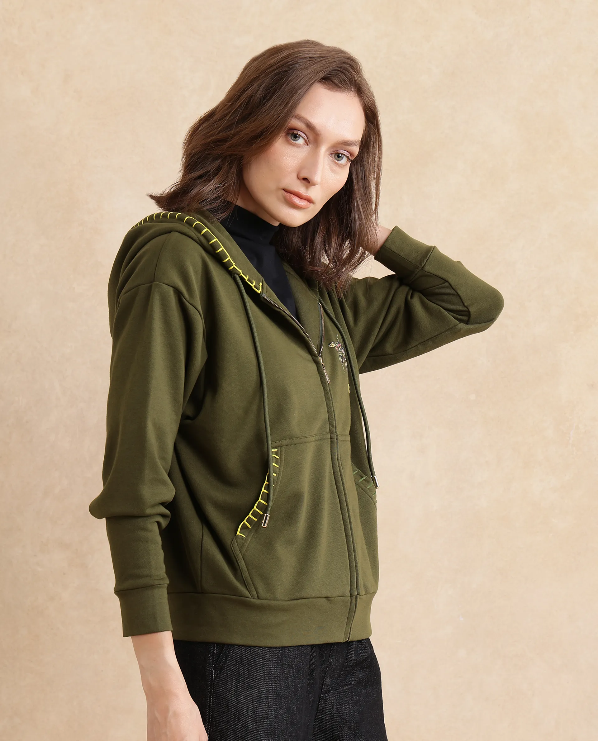 Rareism Women's Hemian Olive Cotton Blend Hooded Graphic Print Relaxed Fit Sweatshirt - Image 9