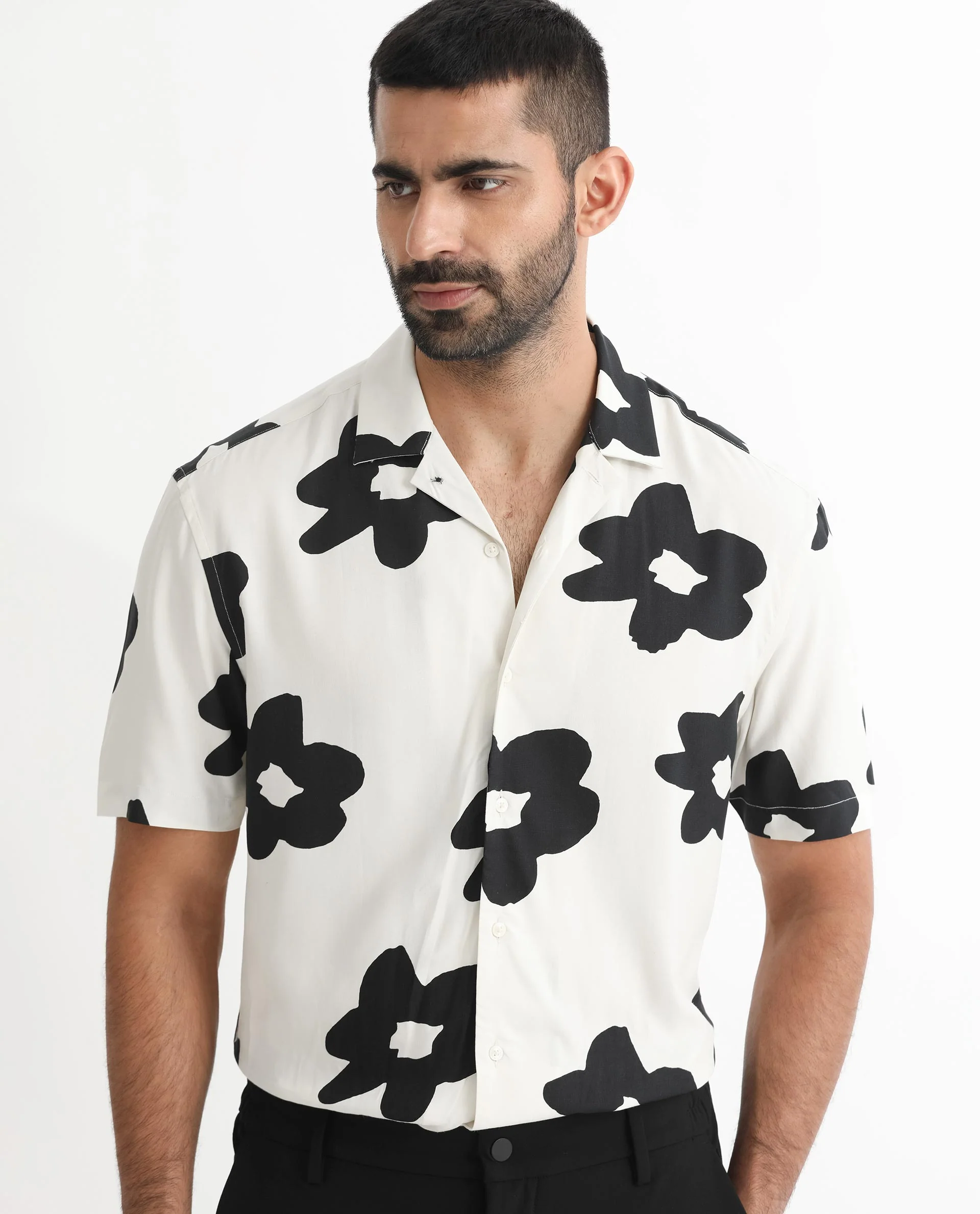 Rare Rabbit Men's Heming Beige Viscose Floral Print Regular Fit Half Sleeve Cuban Collar Shirt