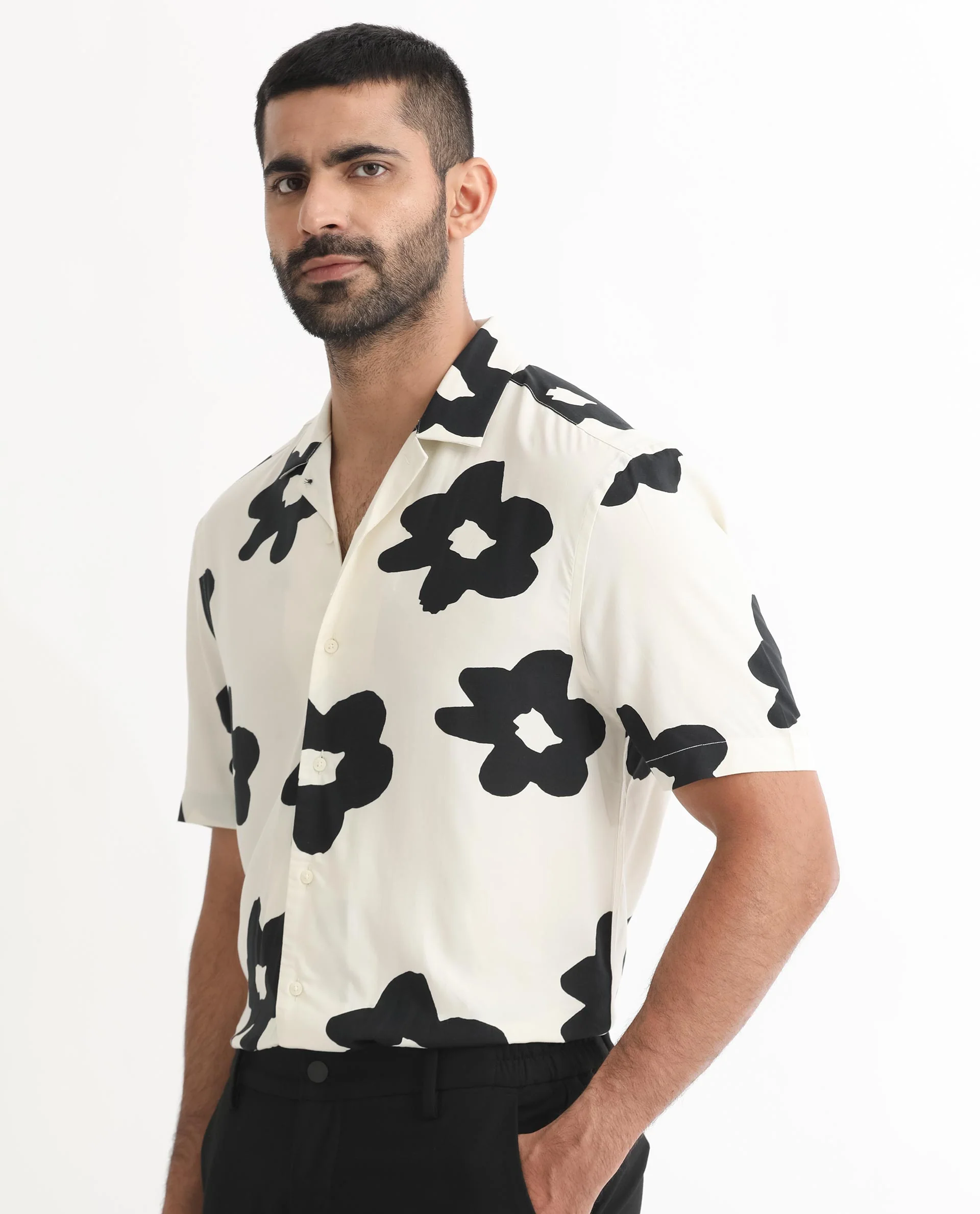 Rare Rabbit Men's Heming Beige Viscose Floral Print Regular Fit Half Sleeve Cuban Collar Shirt - Image 3