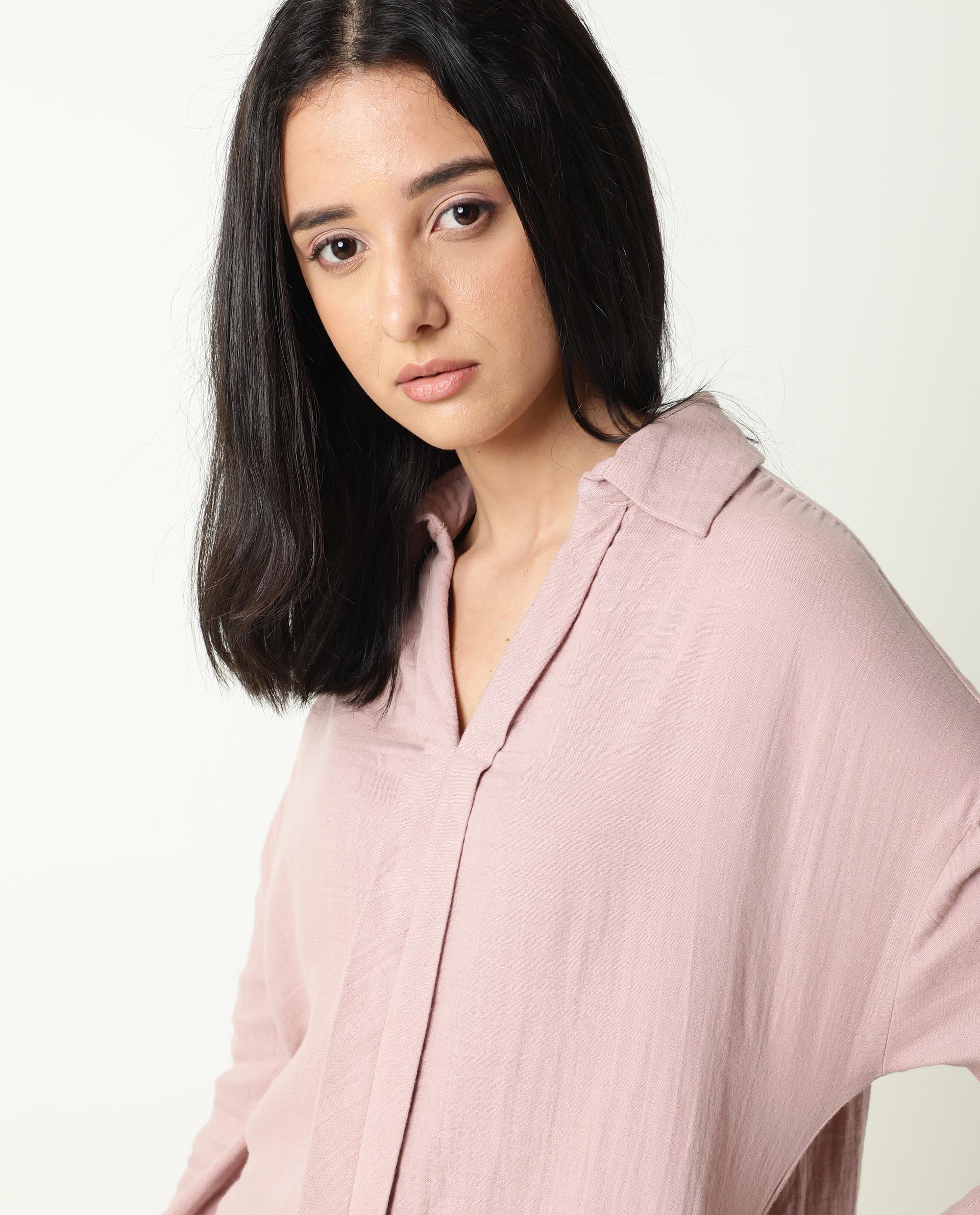 Rareism Womens Hemming Pink Top Cotton Fabric Regular Fit Cuffed Sleeve Collared Neck - Image 3