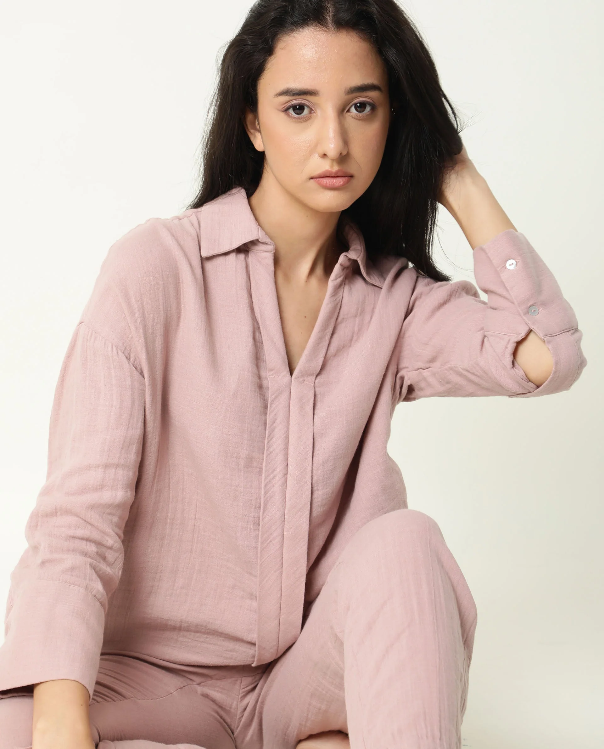 Rareism Womens Hemming Pink Top Cotton Fabric Regular Fit Cuffed Sleeve Collared Neck - Image 9