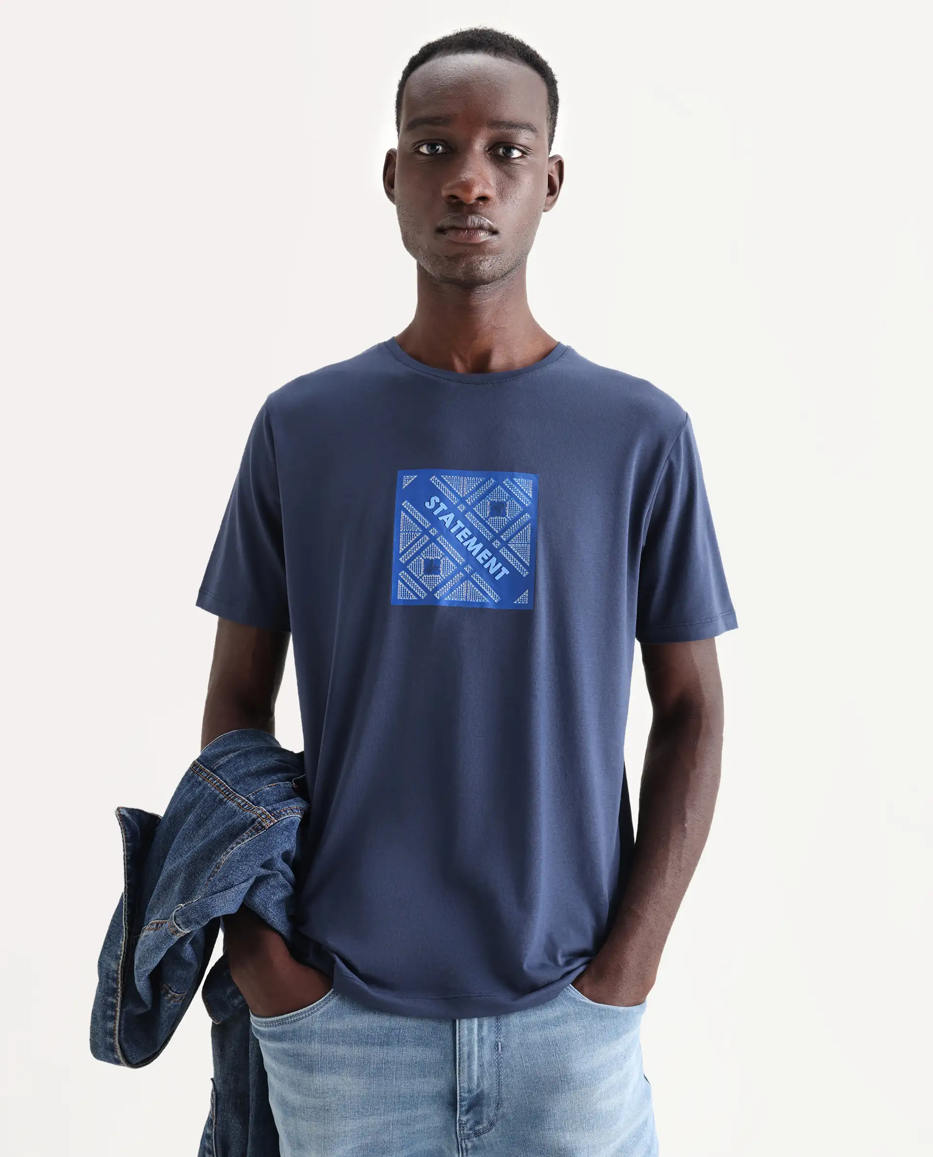 Rare Rabbit Men's Hemo Dusky Blue Cotton Blend Graphic Print Regular Fit Half Sleeve Crew Neck T-Shirt