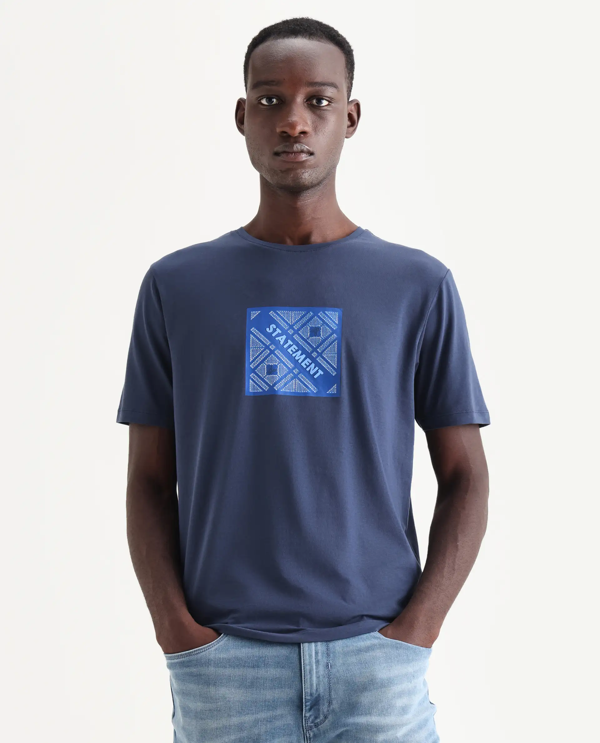 Rare Rabbit Men's Hemo Dusky Blue Cotton Blend Graphic Print Regular Fit Half Sleeve Crew Neck T-Shirt - Image 4