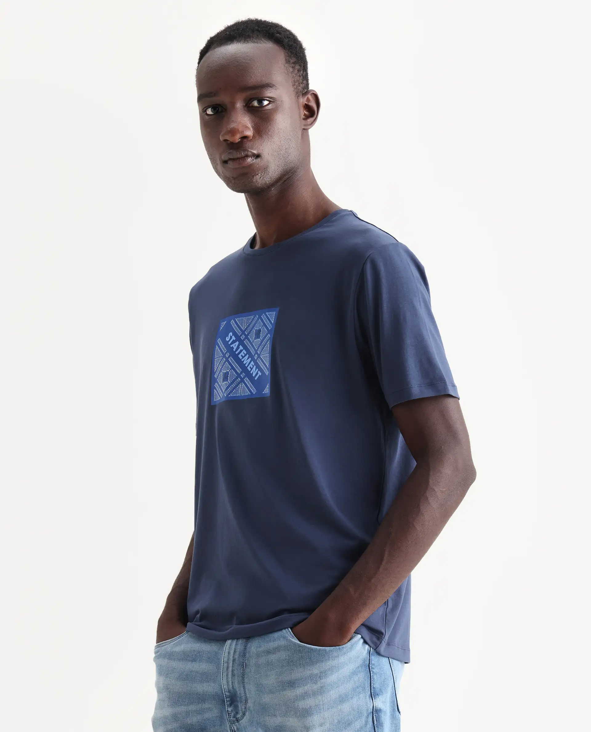 Rare Rabbit Men's Hemo Dusky Blue Cotton Blend Graphic Print Regular Fit Half Sleeve Crew Neck T-Shirt - Image 5