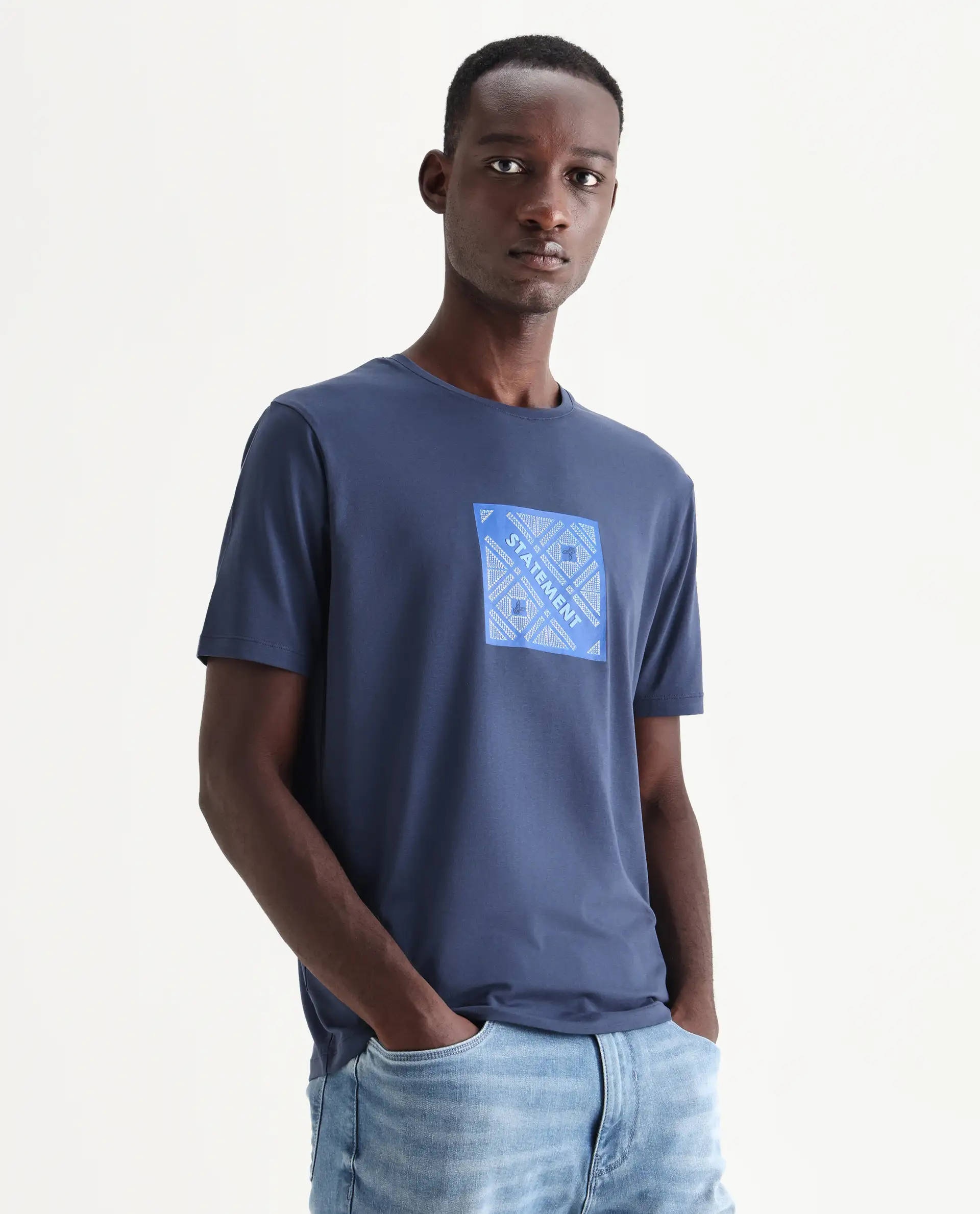 Rare Rabbit Men's Hemo Dusky Blue Cotton Blend Graphic Print Regular Fit Half Sleeve Crew Neck T-Shirt - Image 6