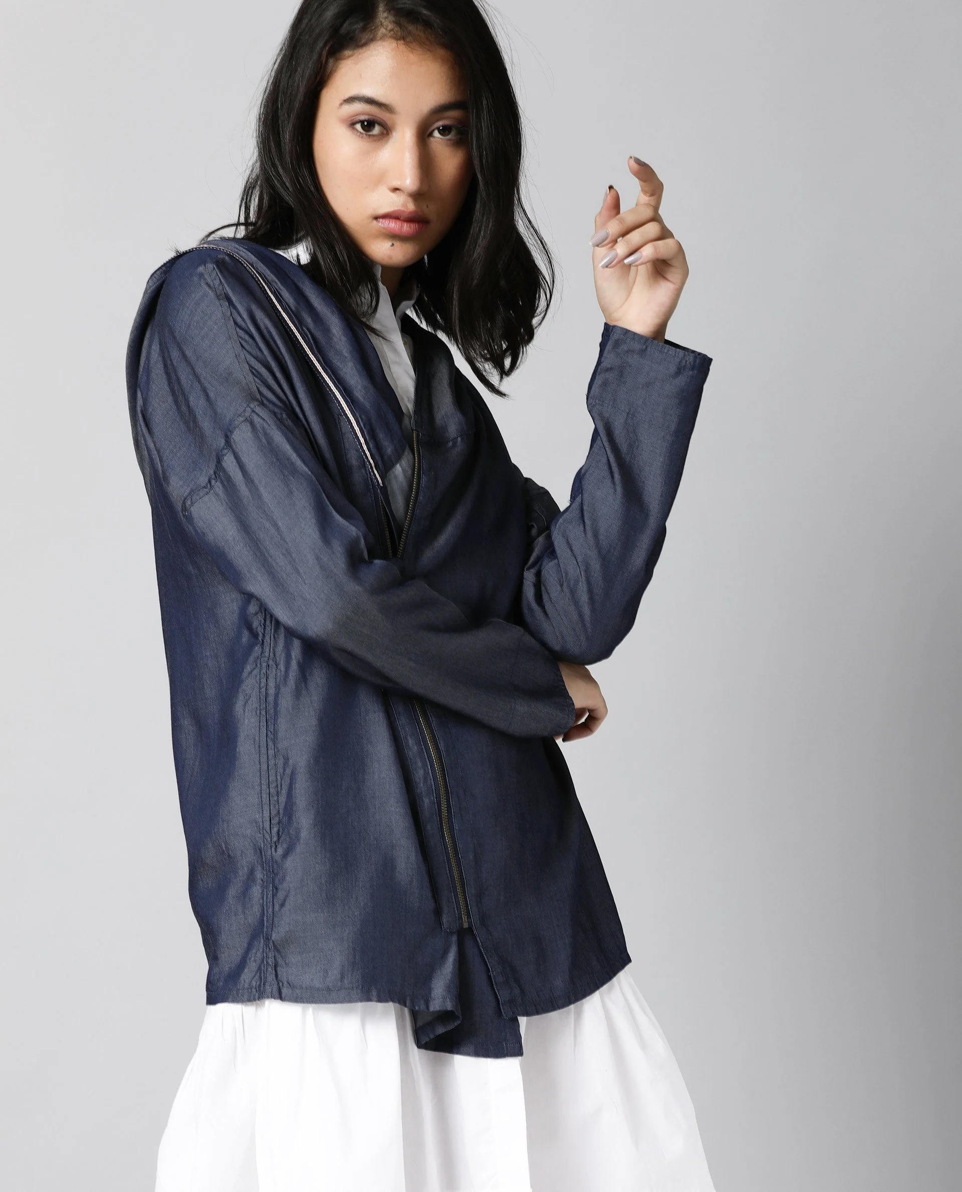 Rareism Womens Hemp Bark Blue Hoodie Zipper Closure - Image 10