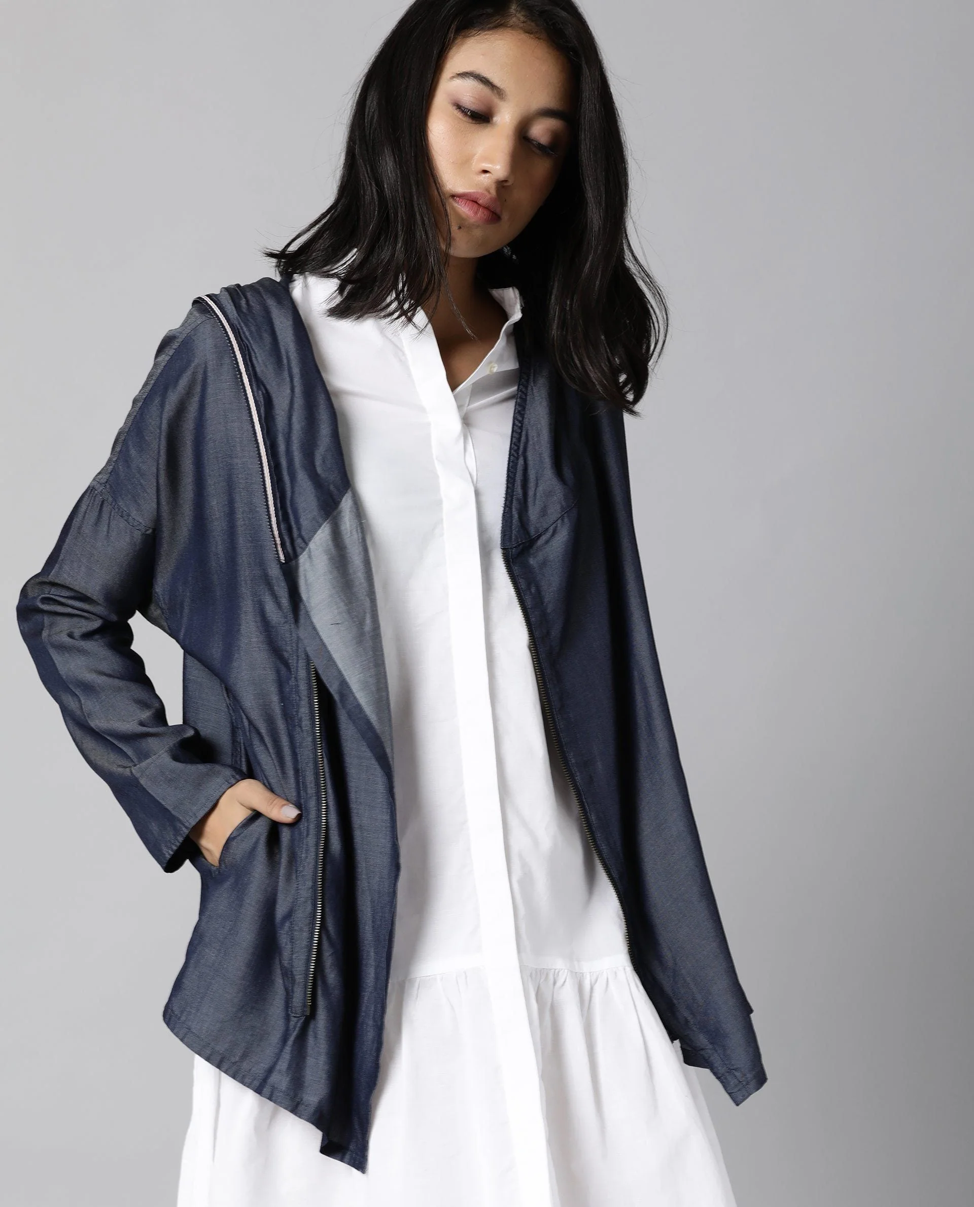 Rareism Womens Hemp Bark Blue Hoodie Zipper Closure - Image 11