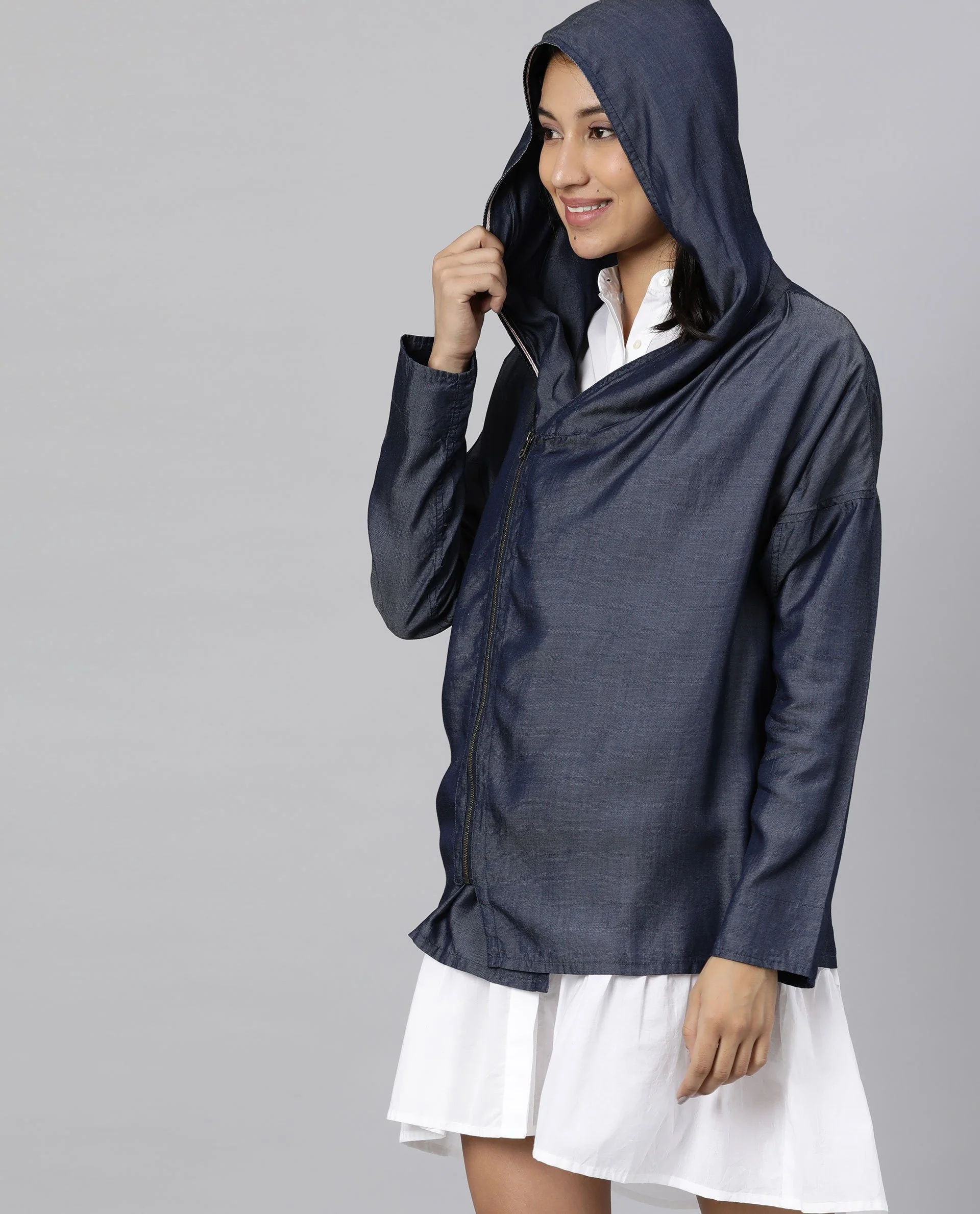 Rareism Womens Hemp Bark Blue Hoodie Zipper Closure - Image 14
